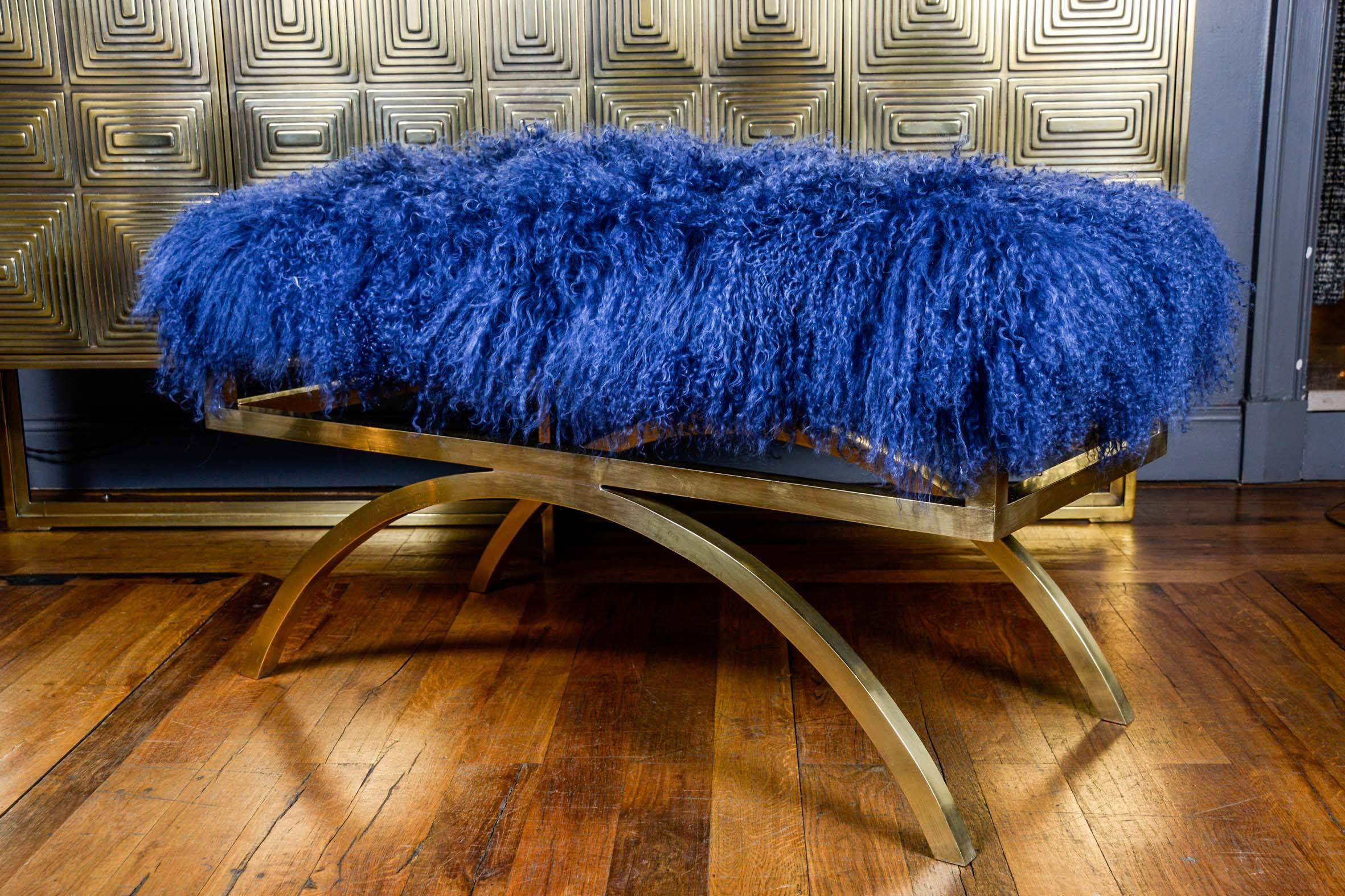 Pair of brass benches, top blue Mongolian lambskin, creation by Studio Glustin.