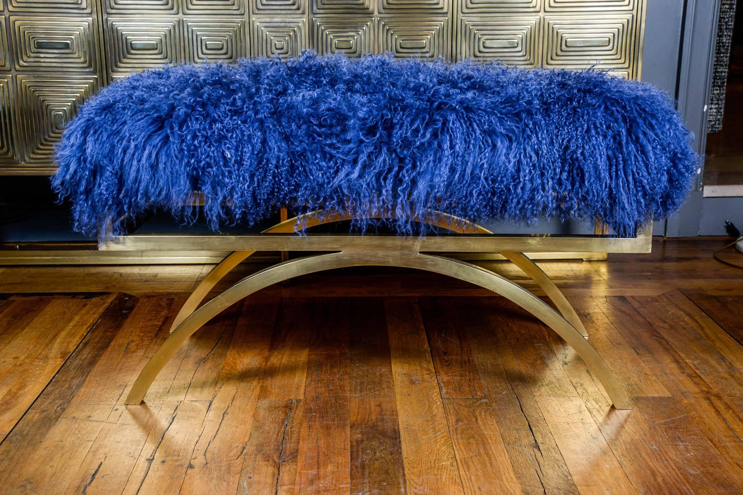 Modern Pair of Blue Mongolian Lambskin Benches