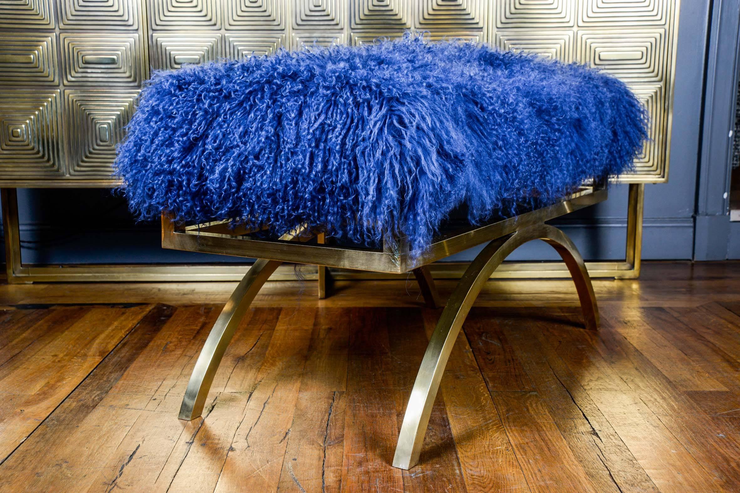 Brass Pair of Blue Mongolian Lambskin Benches