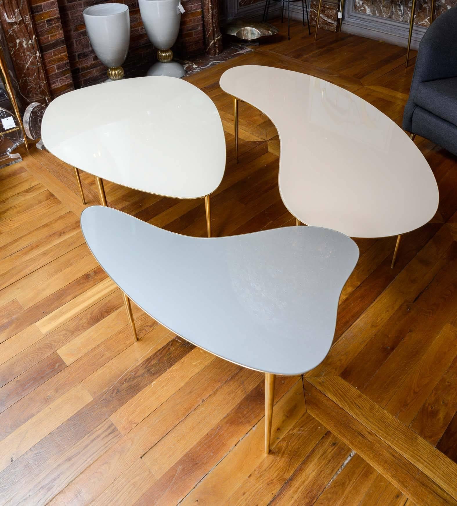 Brass Set of Three Mirror Top Tables For Sale