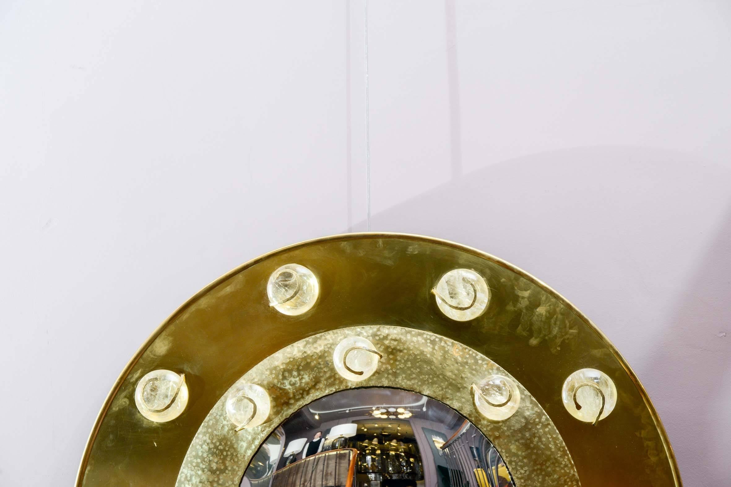 Pair of round brass mirrors with rock crystal curved pastilles, unique piece.