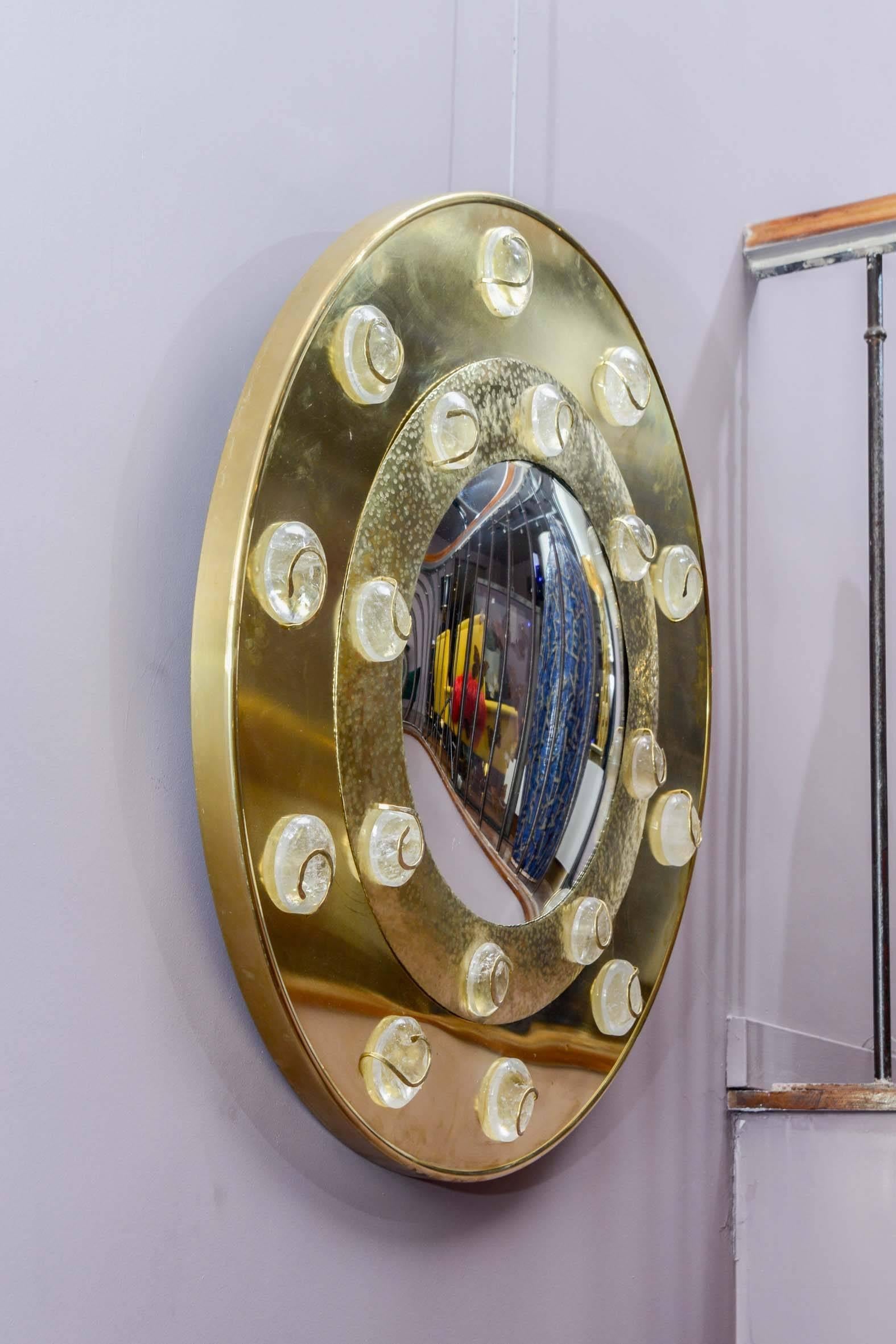 Contemporary Pair of Brass Mirrors with Rock Crystal Pastilles