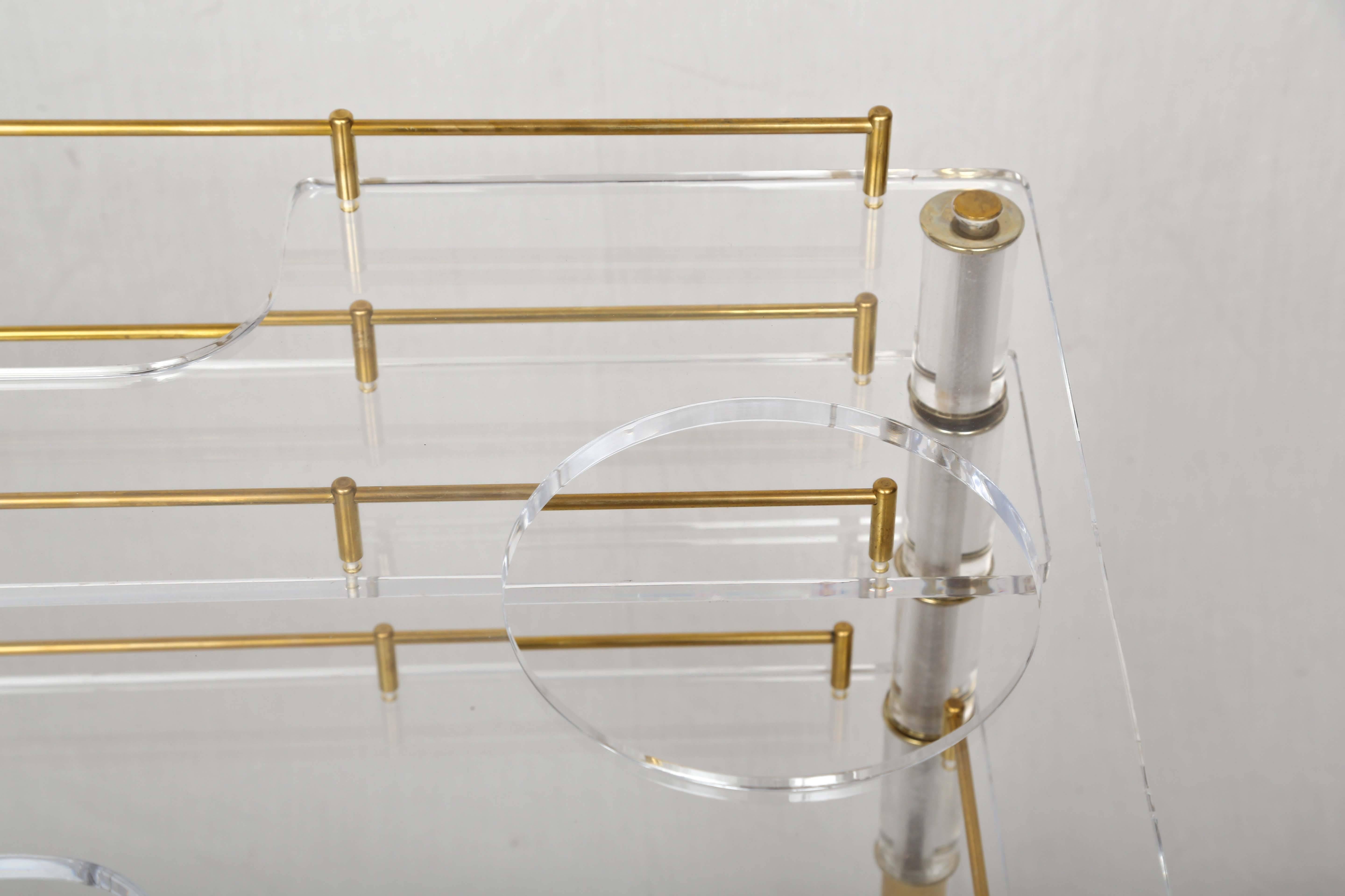 Mid-Century Modern Lucite and Brass Bar Cart on Casters in the Style of Hollis Jones