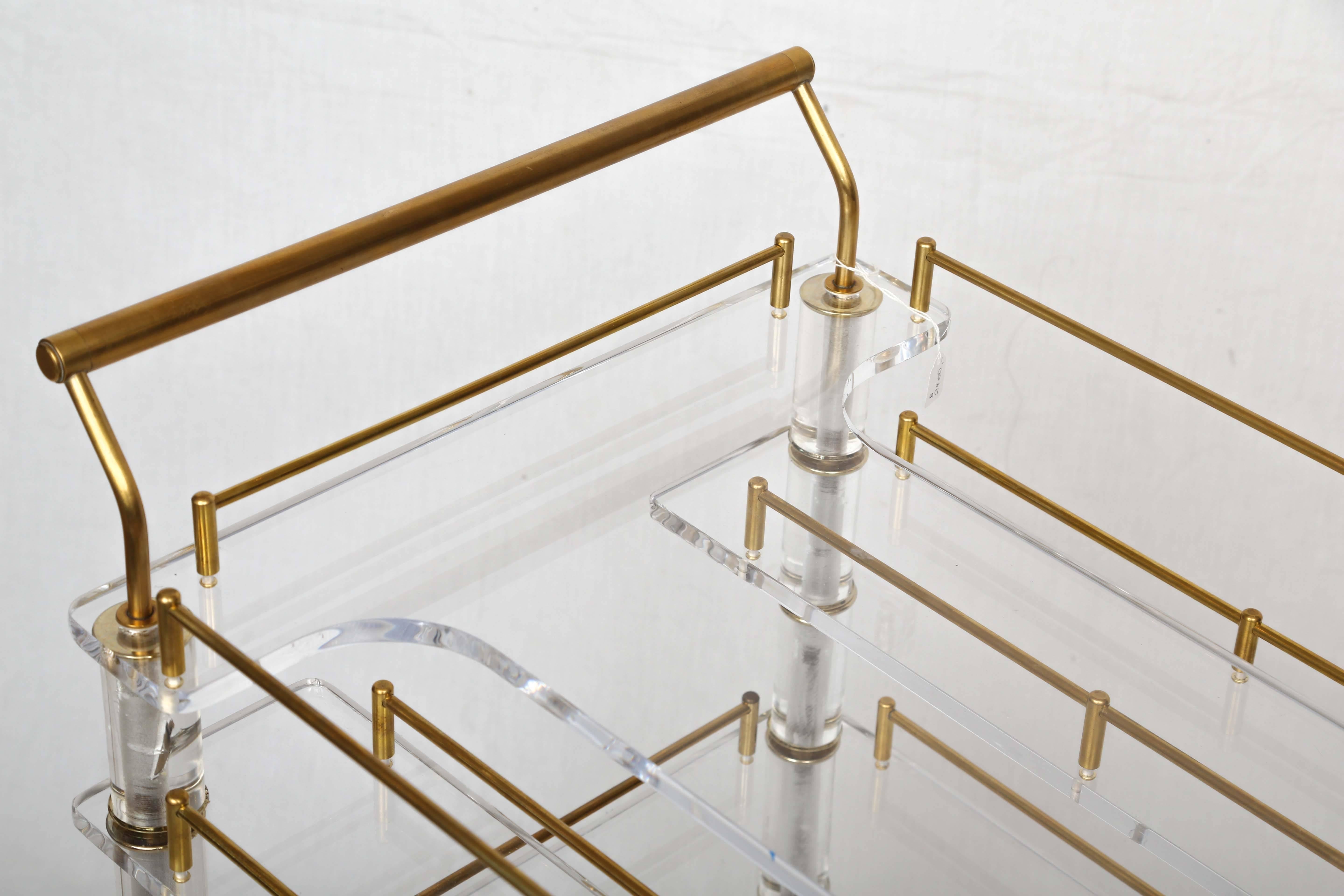 American Lucite and Brass Bar Cart on Casters in the Style of Hollis Jones