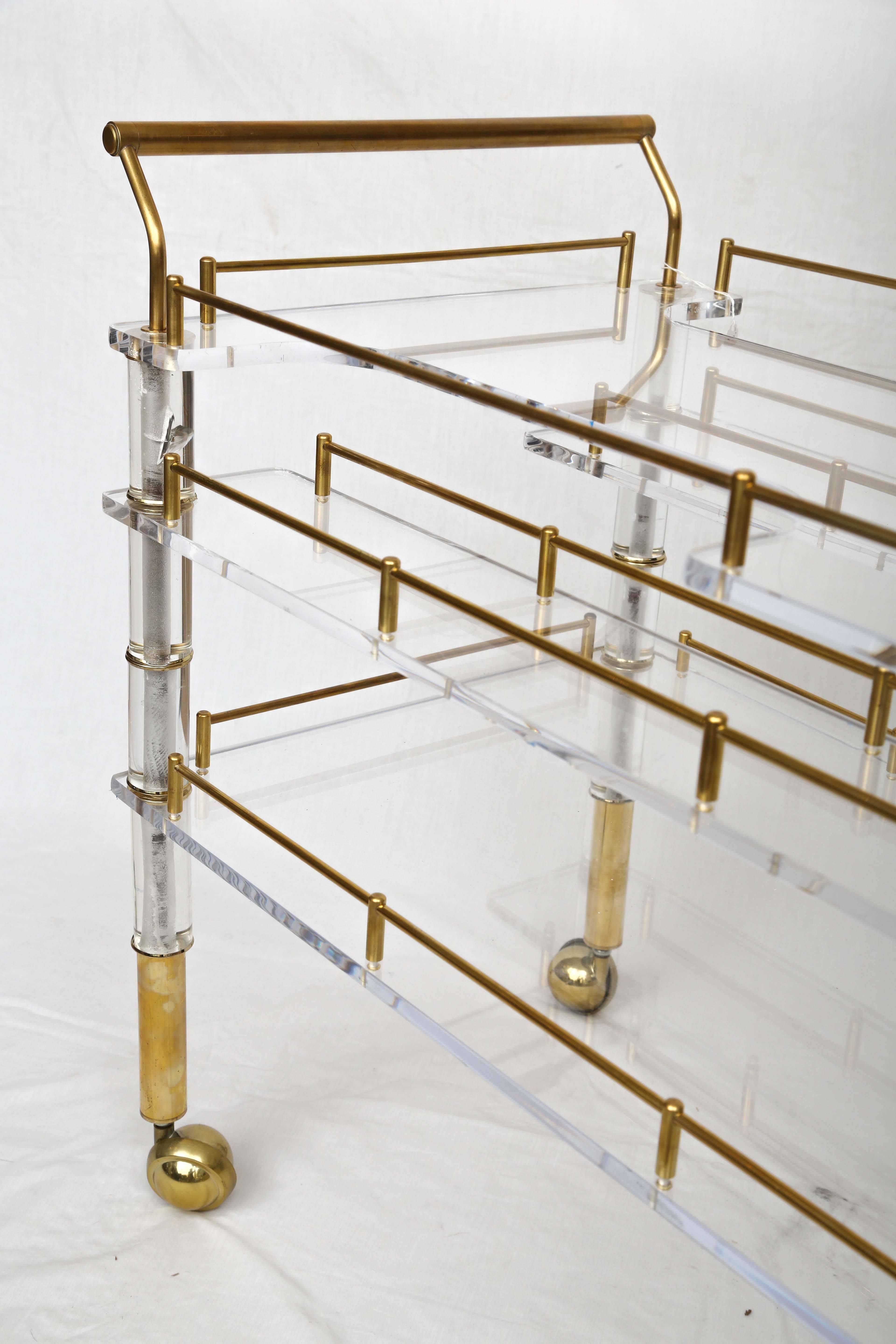 Late 20th Century Lucite and Brass Bar Cart on Casters in the Style of Hollis Jones