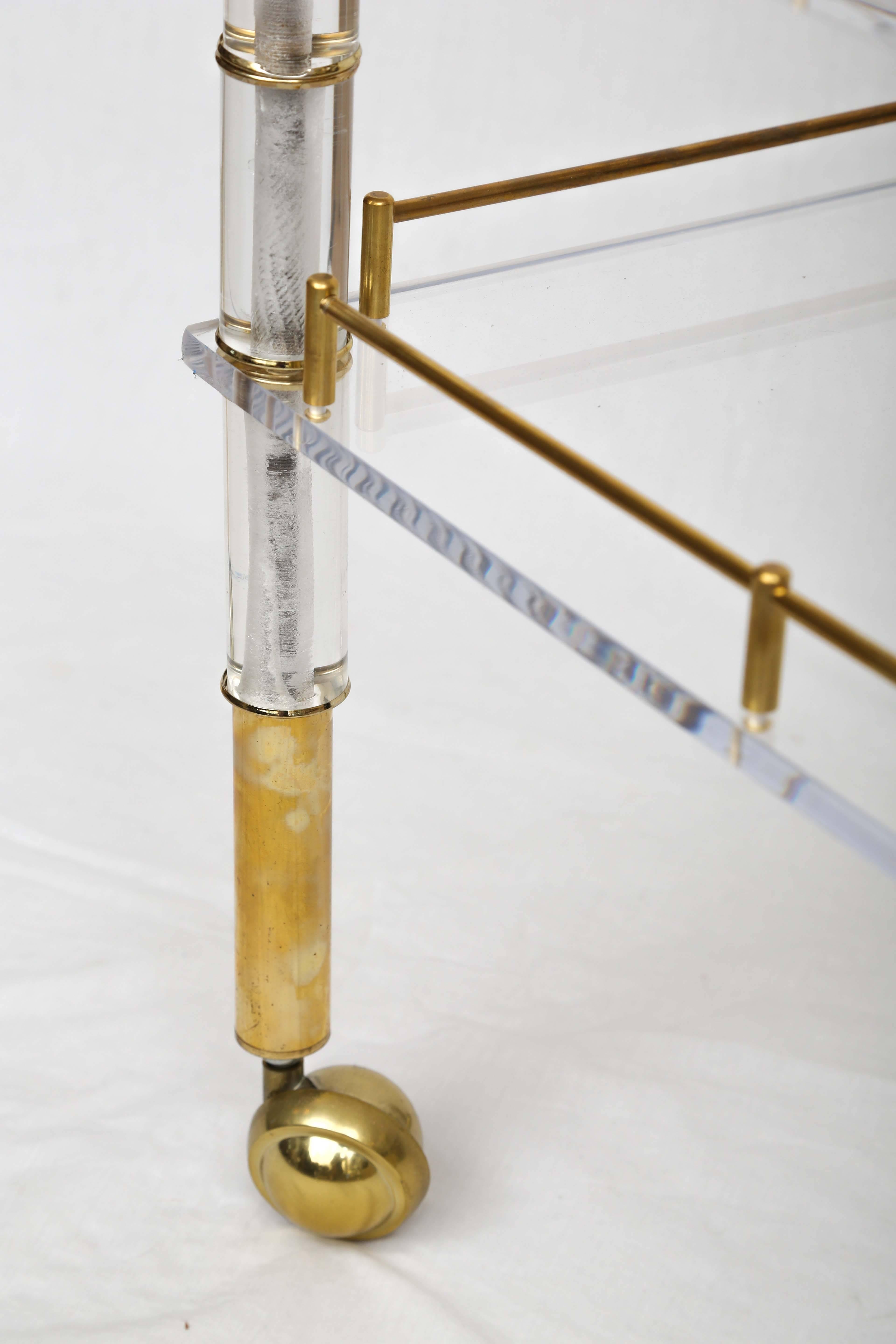 Lucite and Brass Bar Cart on Casters in the Style of Hollis Jones 1