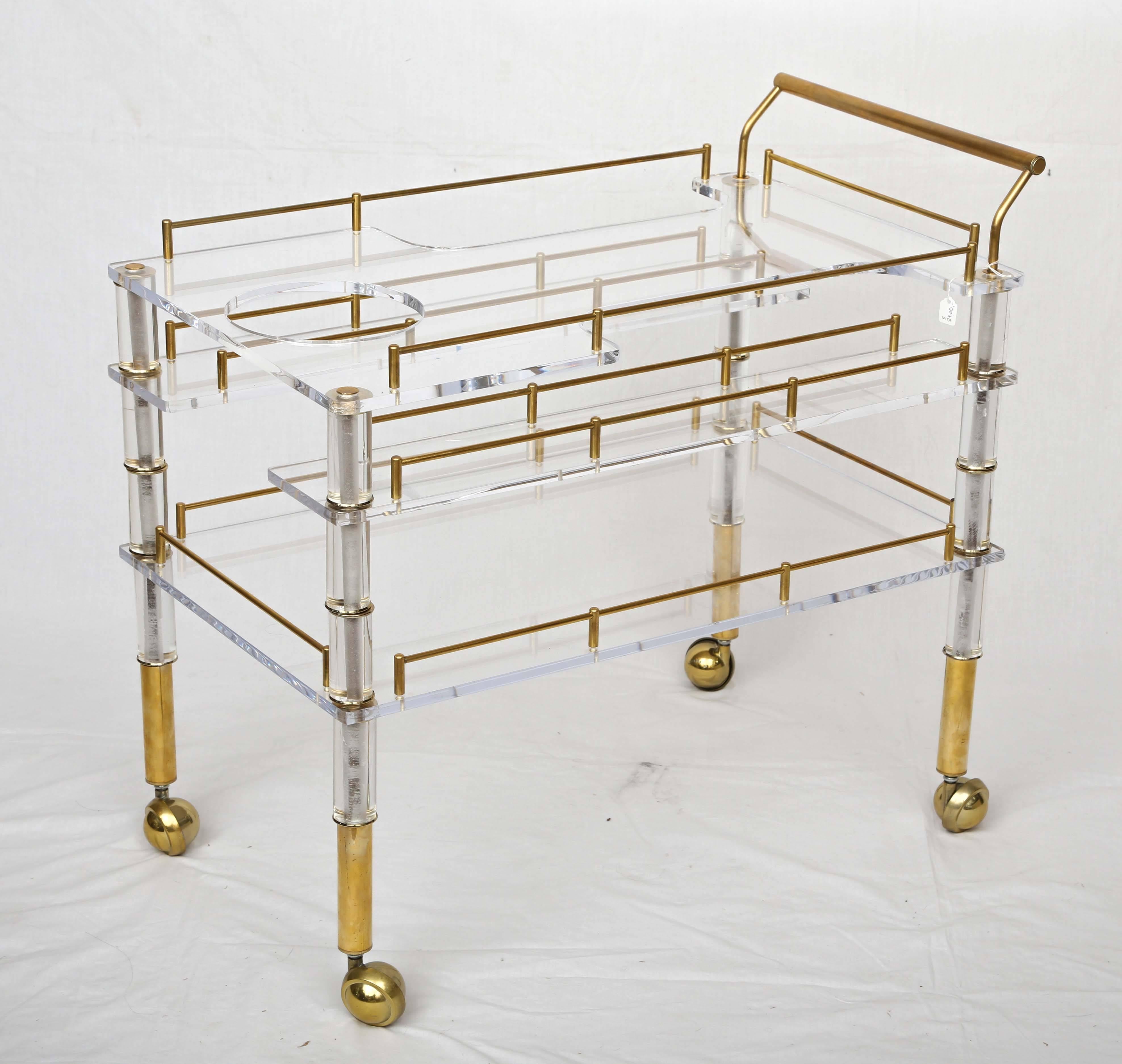Lucite and Brass Bar Cart on Casters in the Style of Hollis Jones 3
