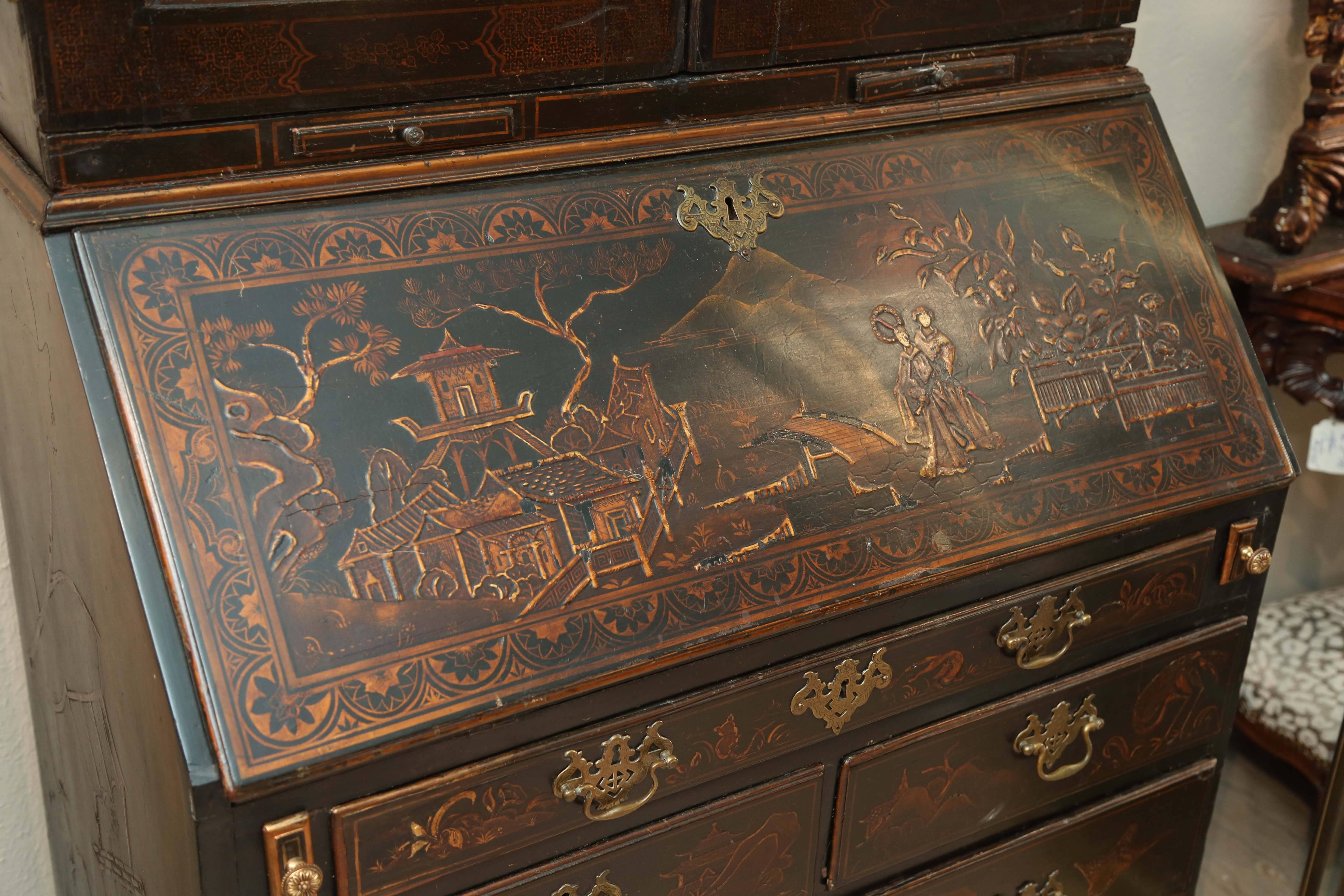 English Superb 18th Century Chinoiserie Secretary  Bookcase