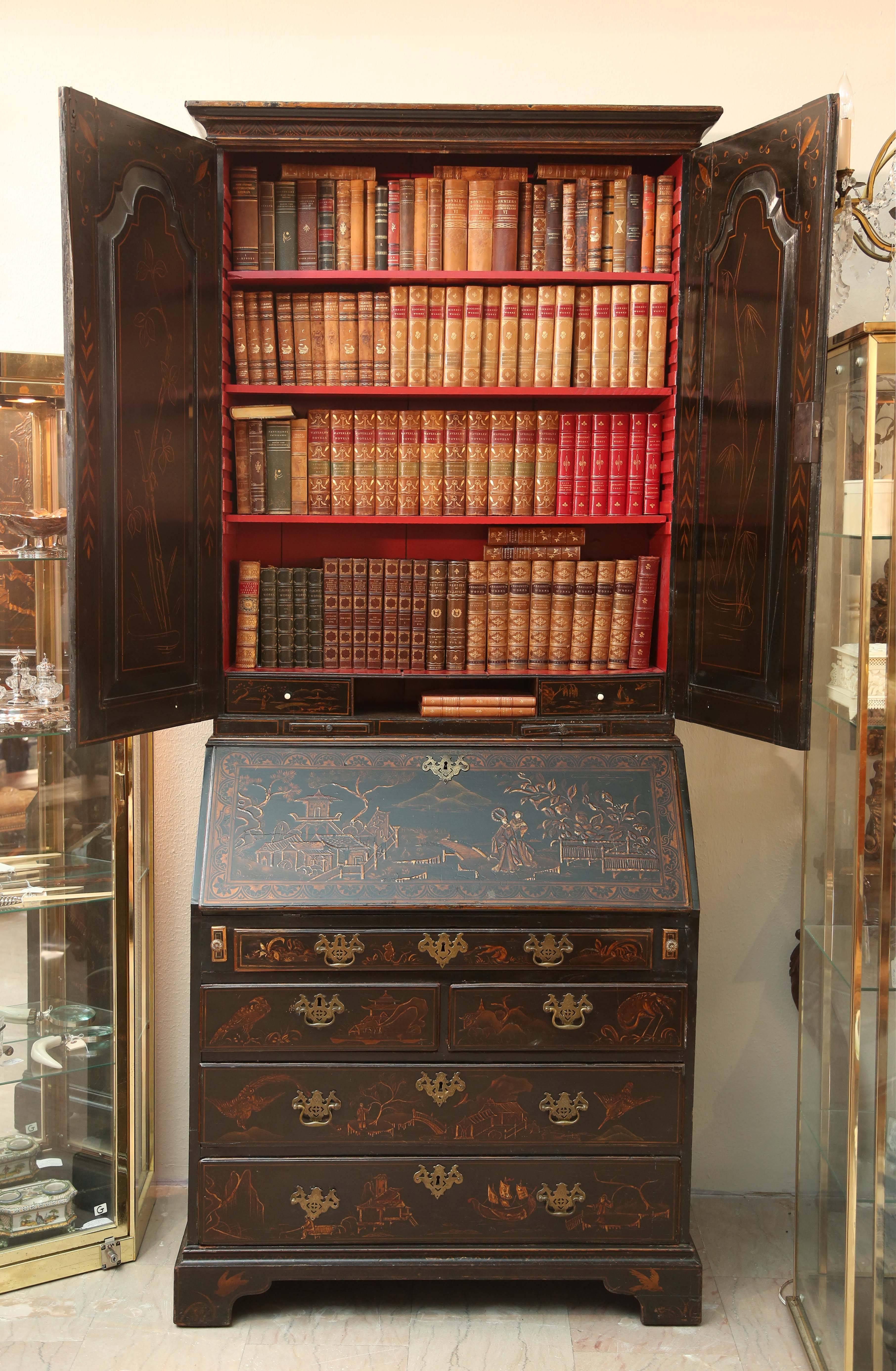 Hand-Painted Superb 18th Century Chinoiserie Secretary  Bookcase