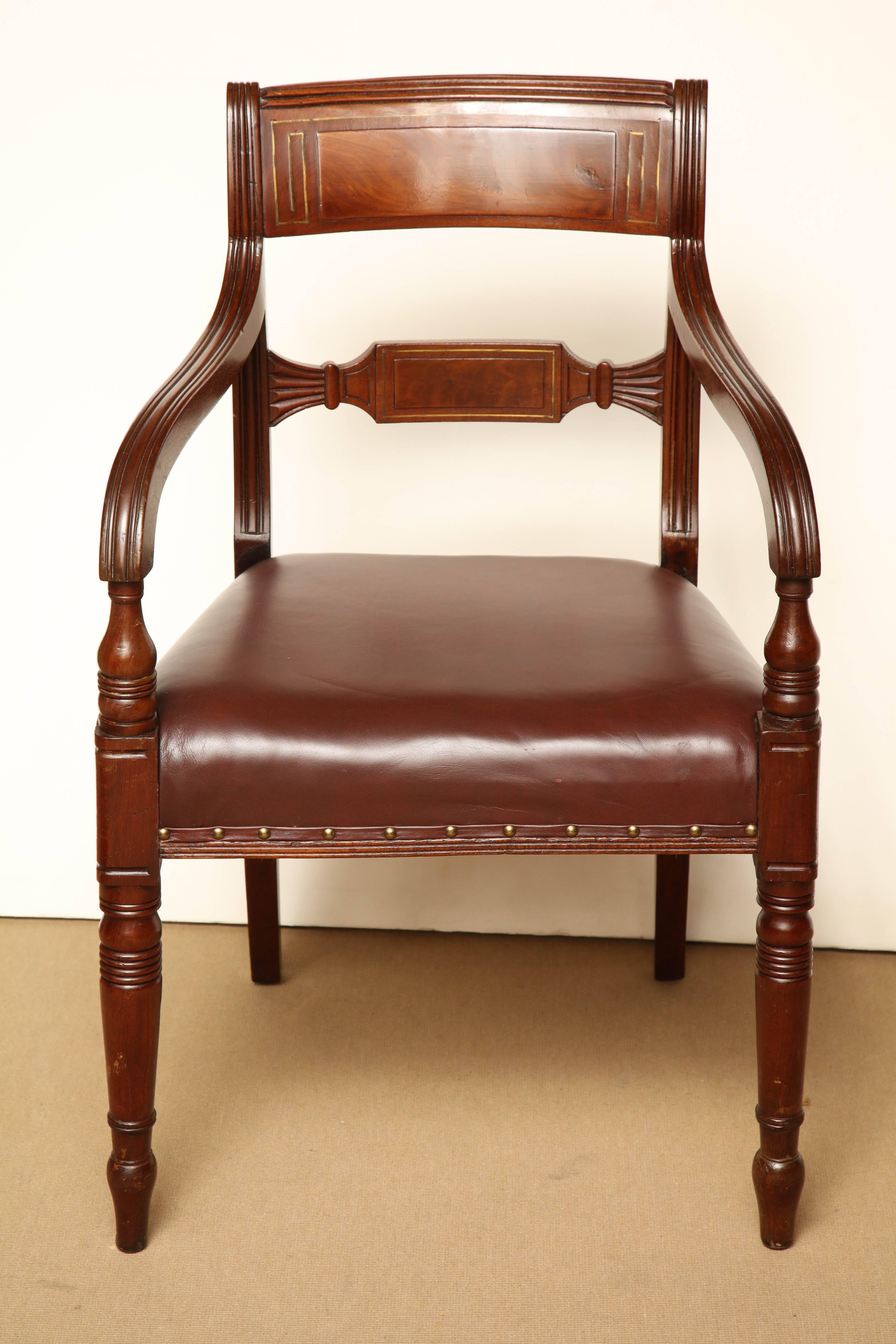 Early 19th century English Regency, mahogany and brass inlay desk chair.