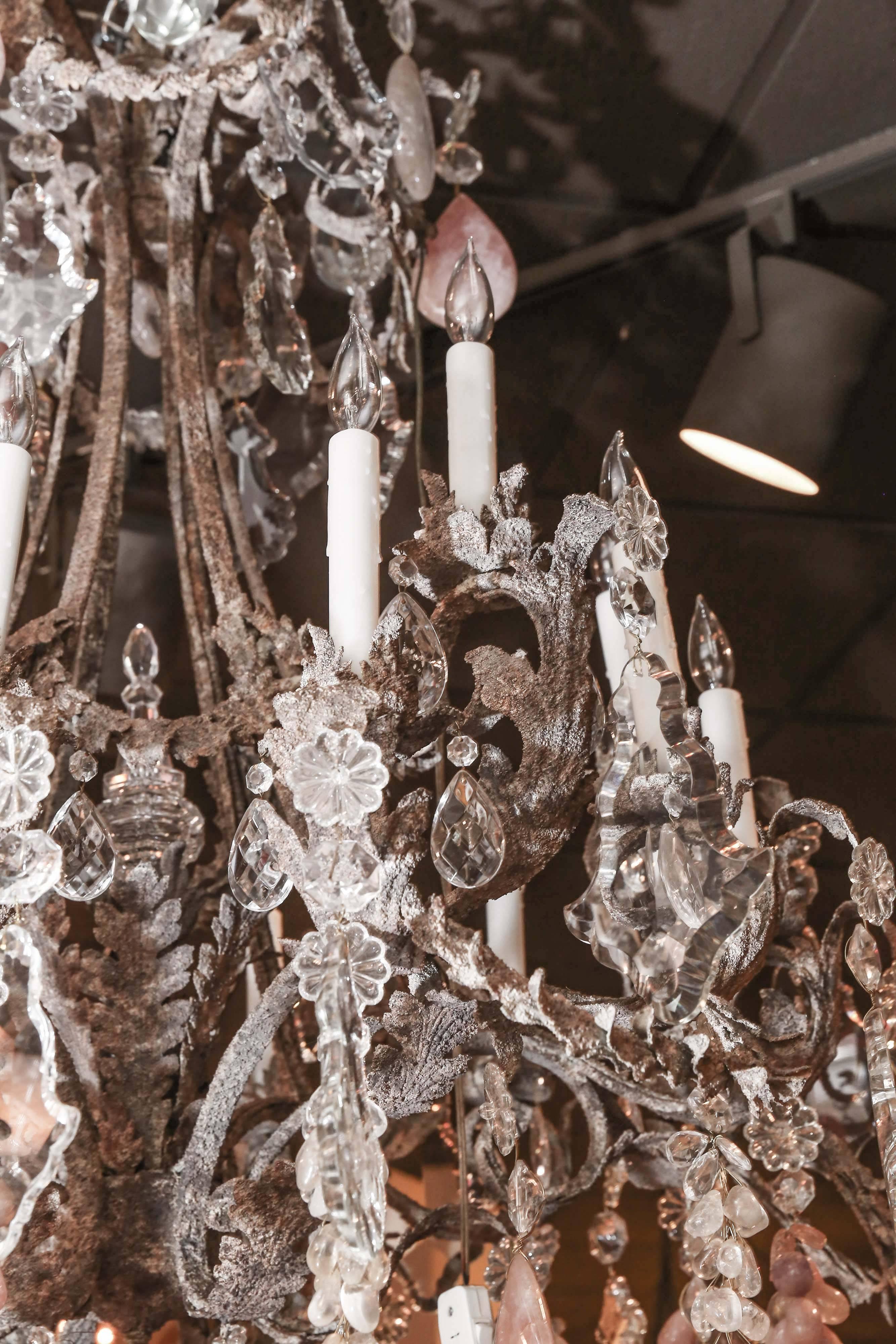 American Large Iron and Crystal Chandelier with Clear, Rock, Rose Quartz and Amythest