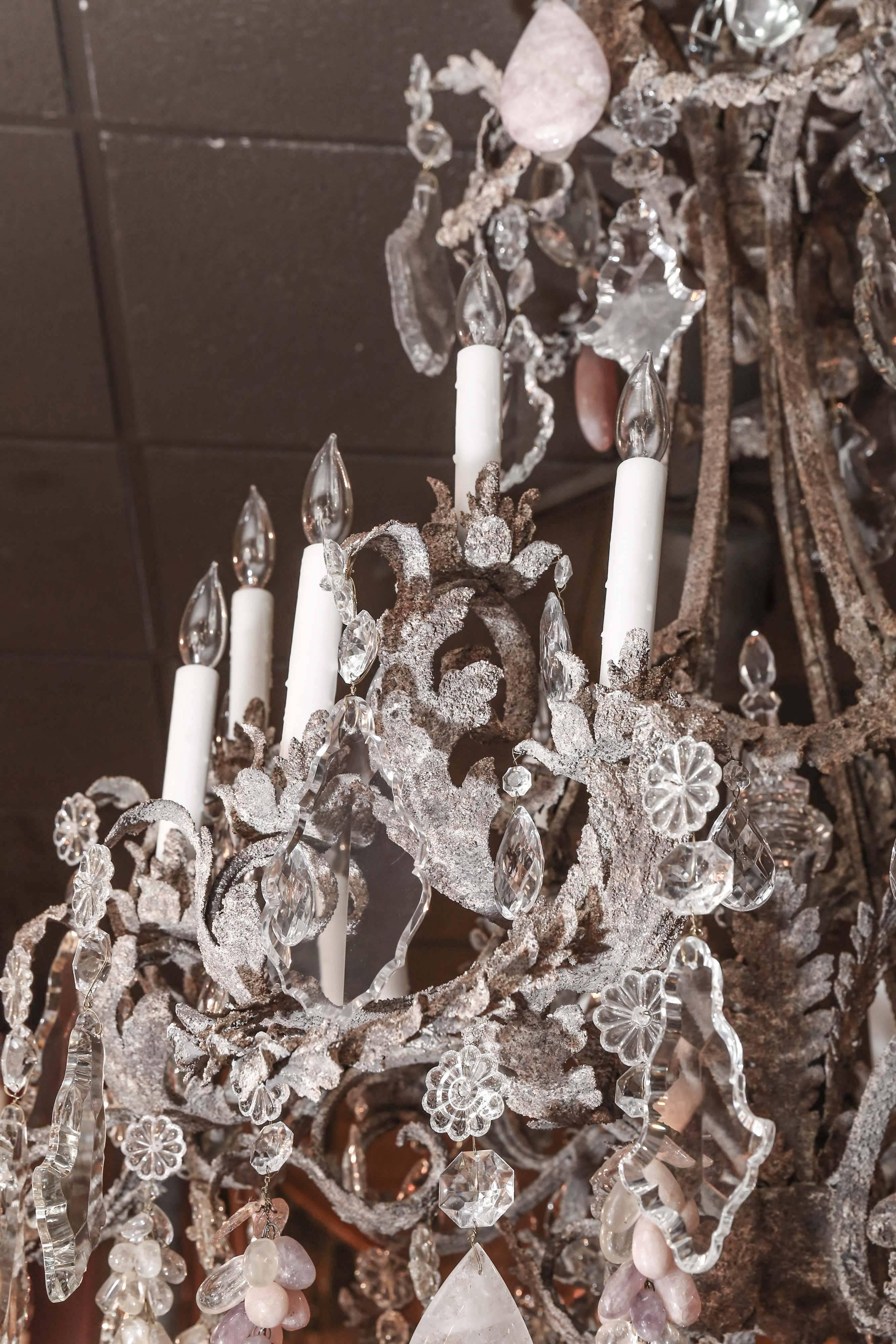 Large Iron and Crystal Chandelier with Clear, Rock, Rose Quartz and Amythest In Excellent Condition In Houston, TX
