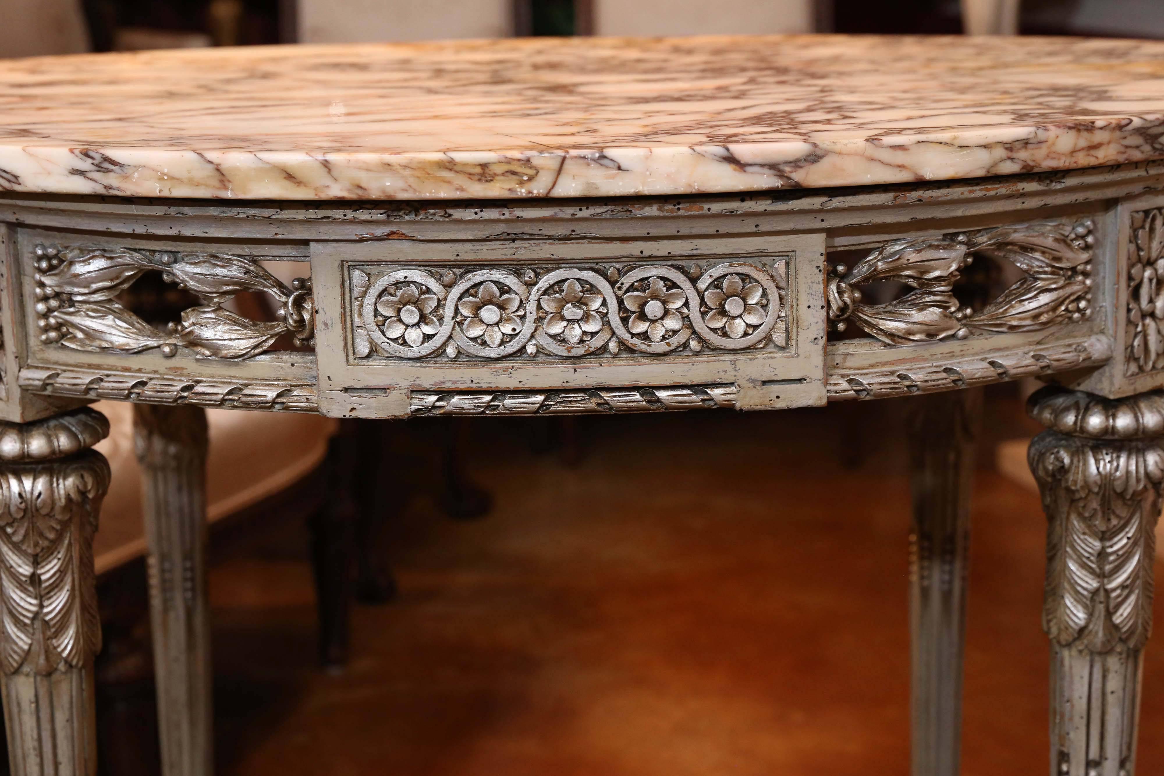Wood 19th Century French Center Table, Painted in Gray Green/Silver Accents