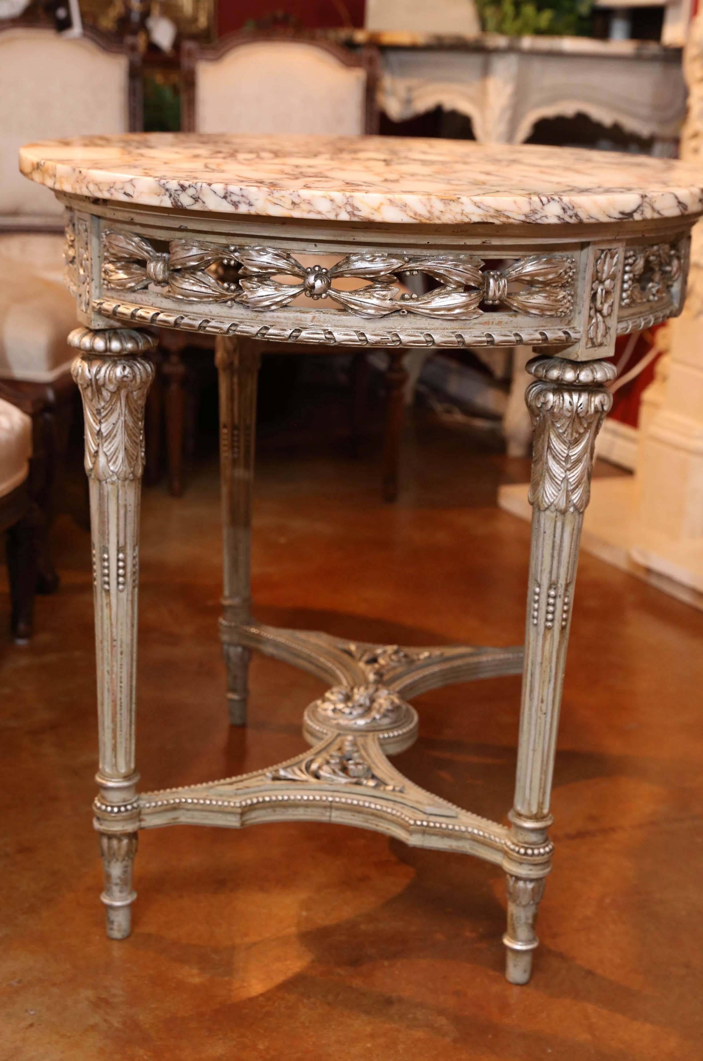 19th Century French Center Table, Painted in Gray Green/Silver Accents 4