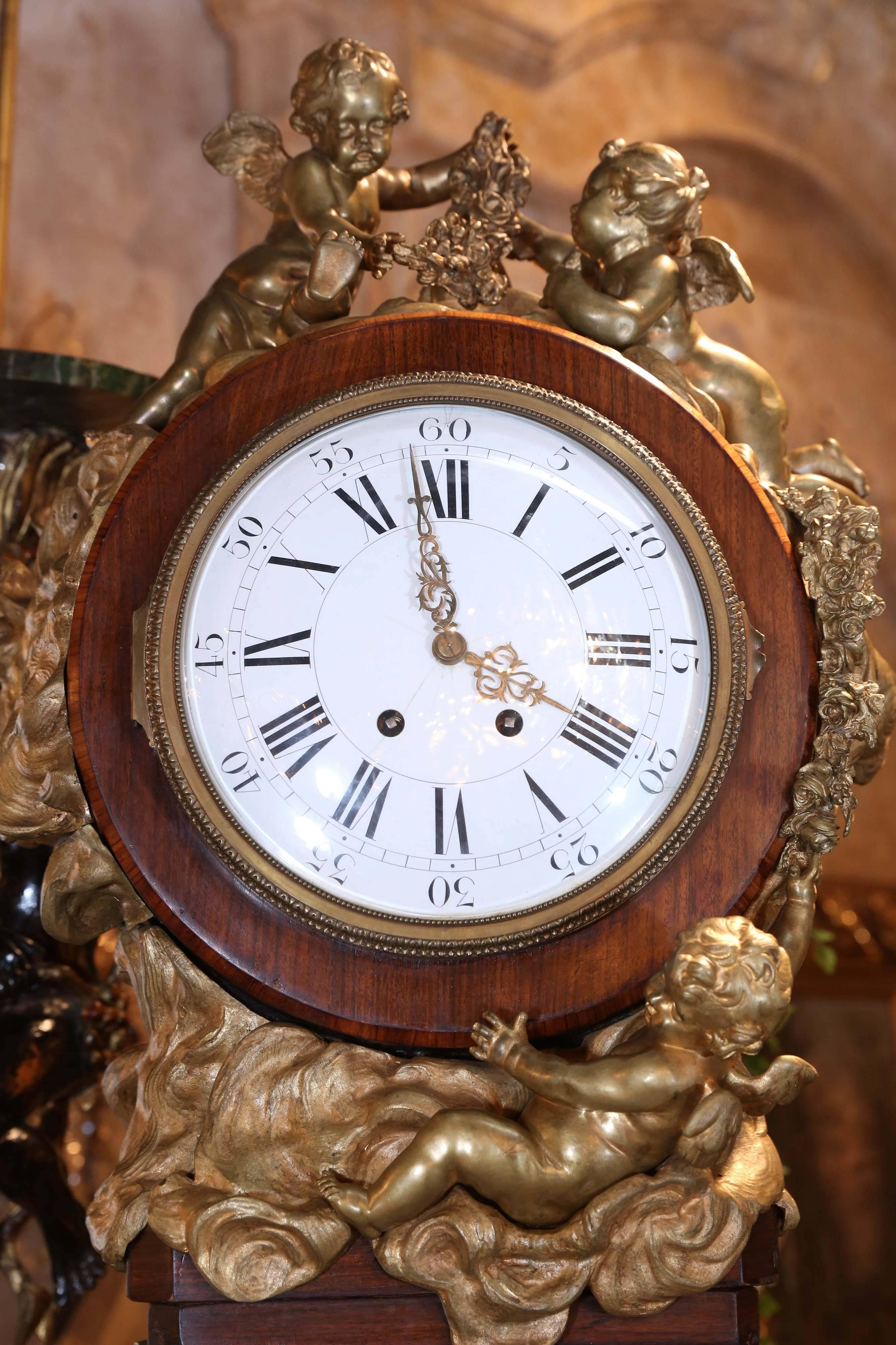 19th Century French Clock, circa 1870, Rosewood and Kingwood with Bronze Dore Castings