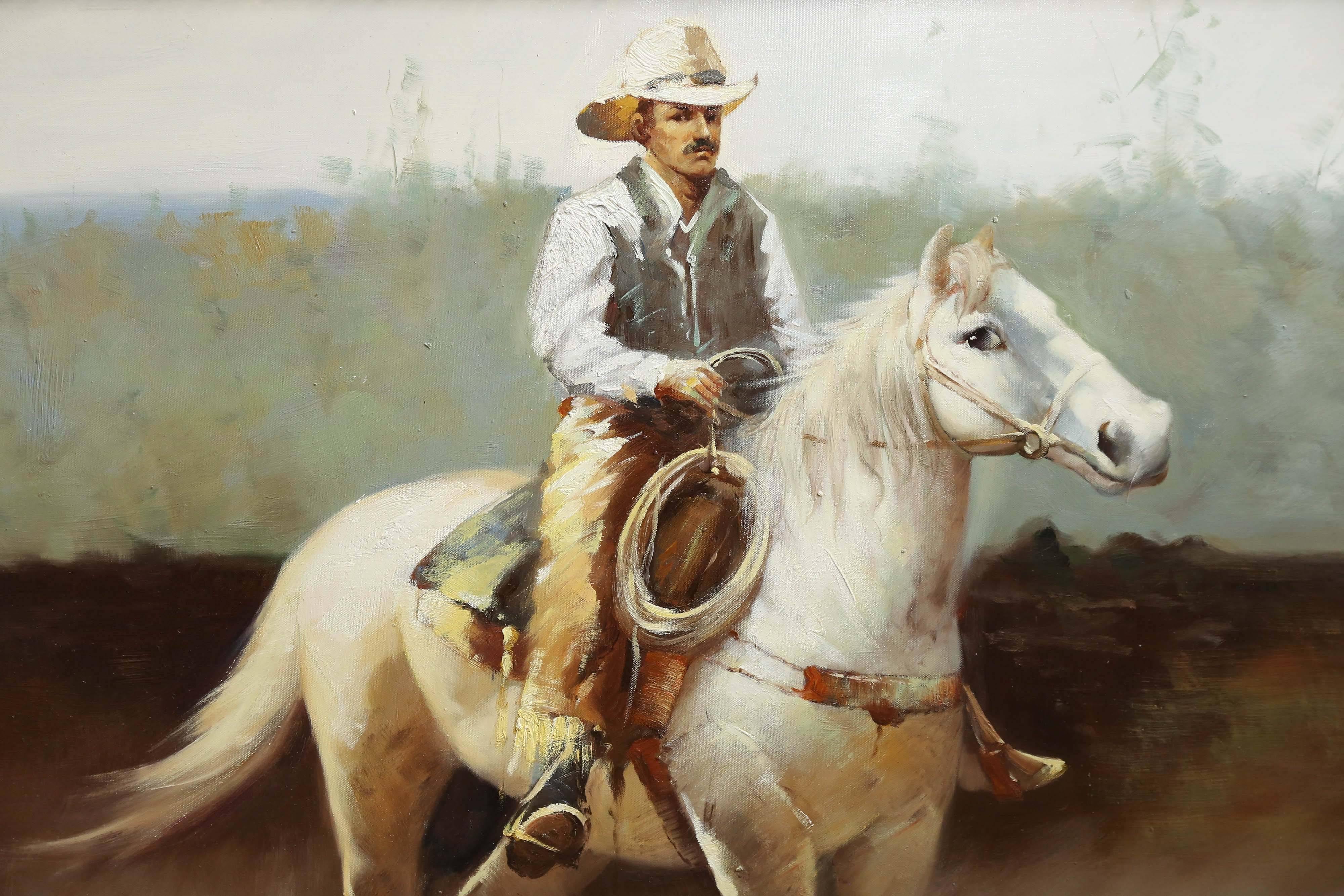 Oil on canvas of a cowboy on horse back. Great color 
Blue sky and western plains. The cowboy sits a top a white horse 
