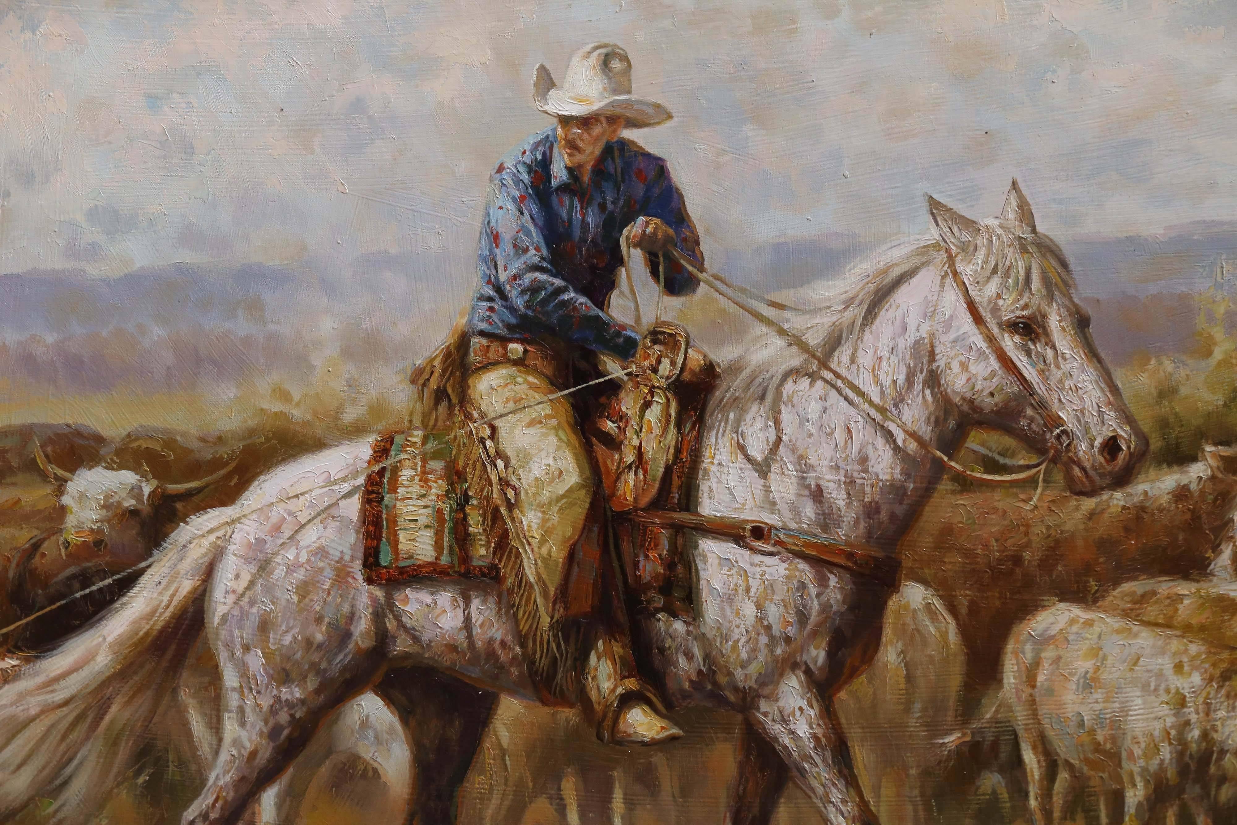 Cowboy painting by Troy Denton, signed lower left. Oil on canvas
Showing an action painting of a cowboy roping a calf
Lovely colors and a beautiful sky with mountains in the background.