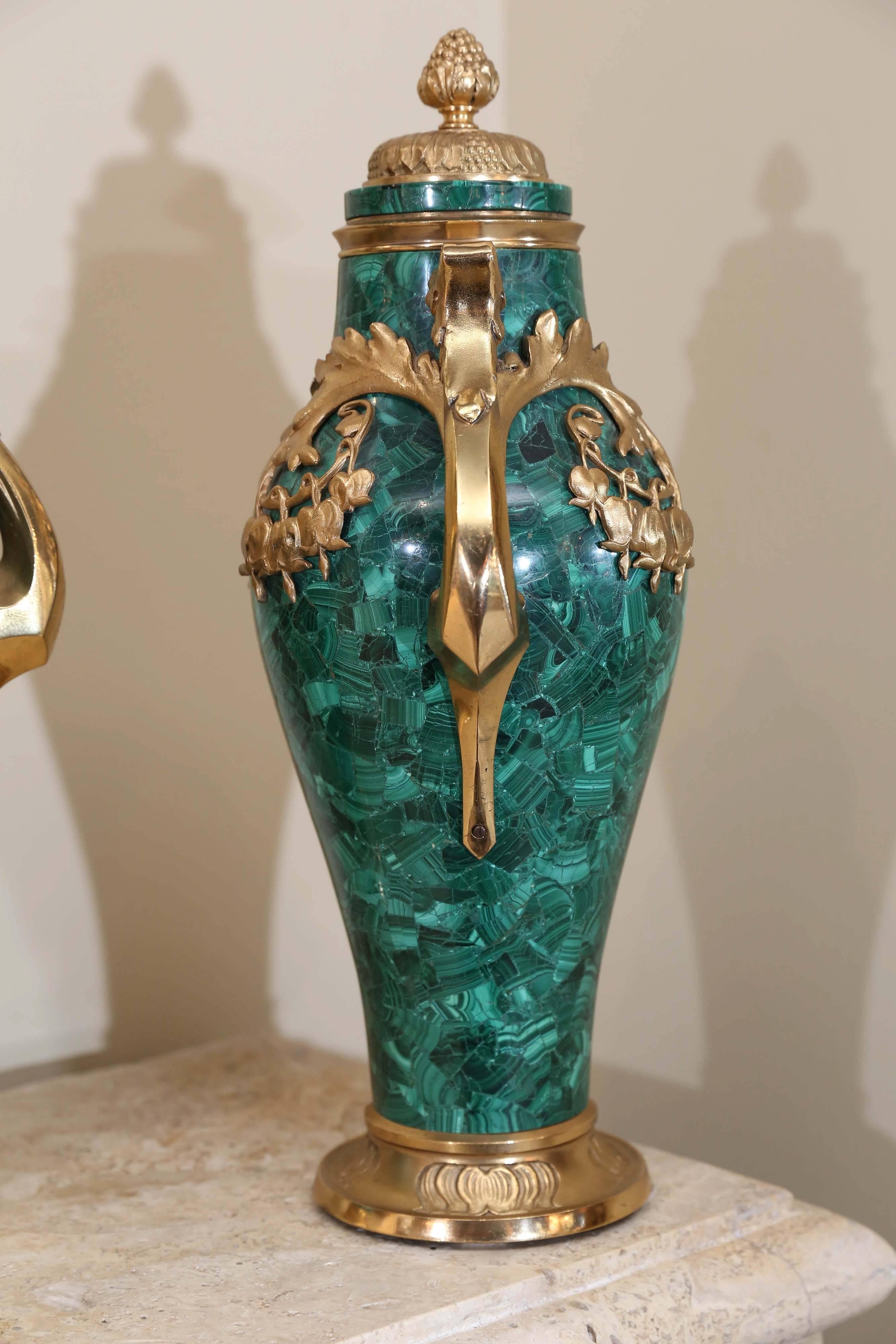 Baltic Pair of Russian Malachite Capped Urns in the Nouveau Style with Ormolu Mounts