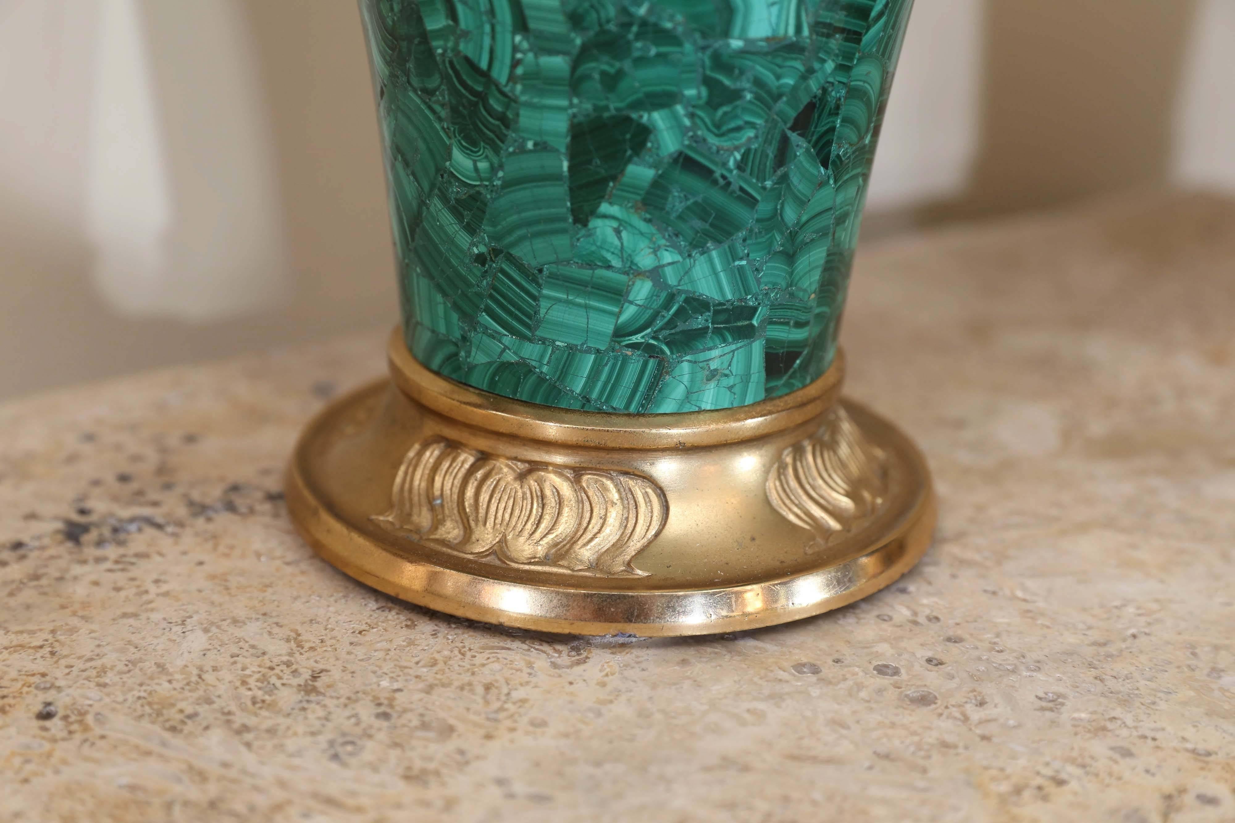 Pair of Russian Malachite Capped Urns in the Nouveau Style with Ormolu Mounts In Excellent Condition In Houston, TX