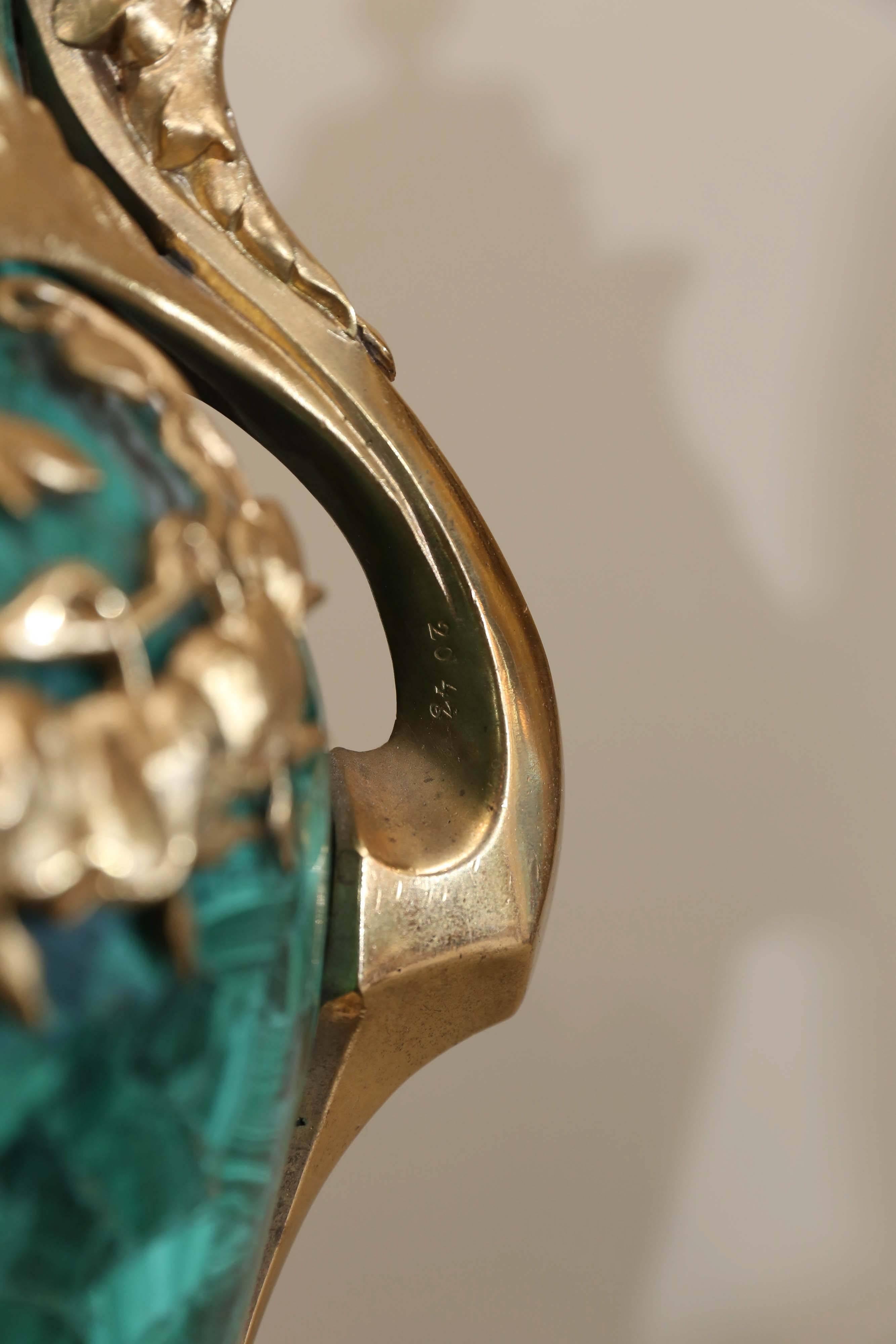 20th Century Pair of Russian Malachite Capped Urns in the Nouveau Style with Ormolu Mounts