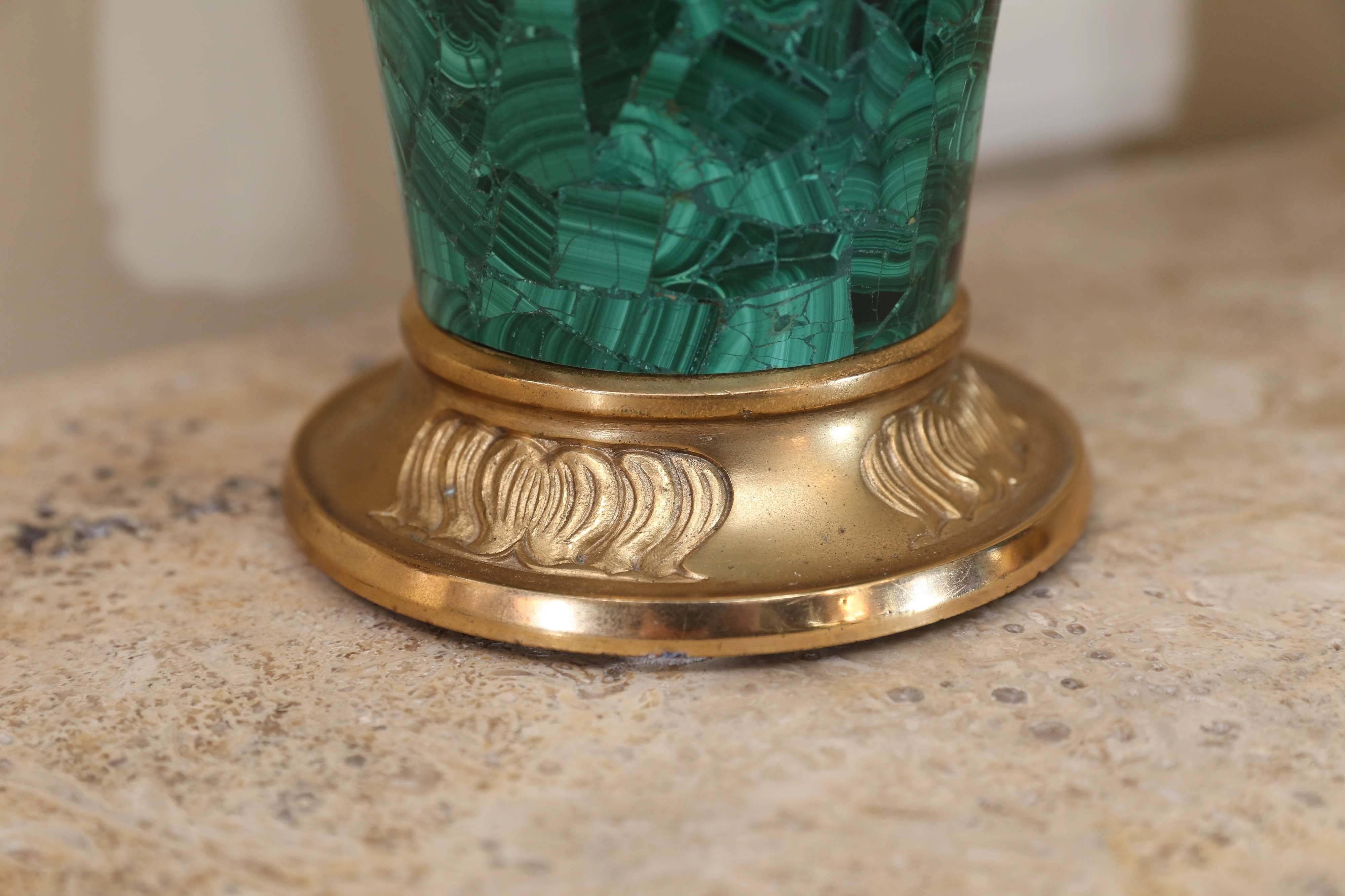 Pair of Russian Malachite Capped Urns in the Nouveau Style with Ormolu Mounts 1
