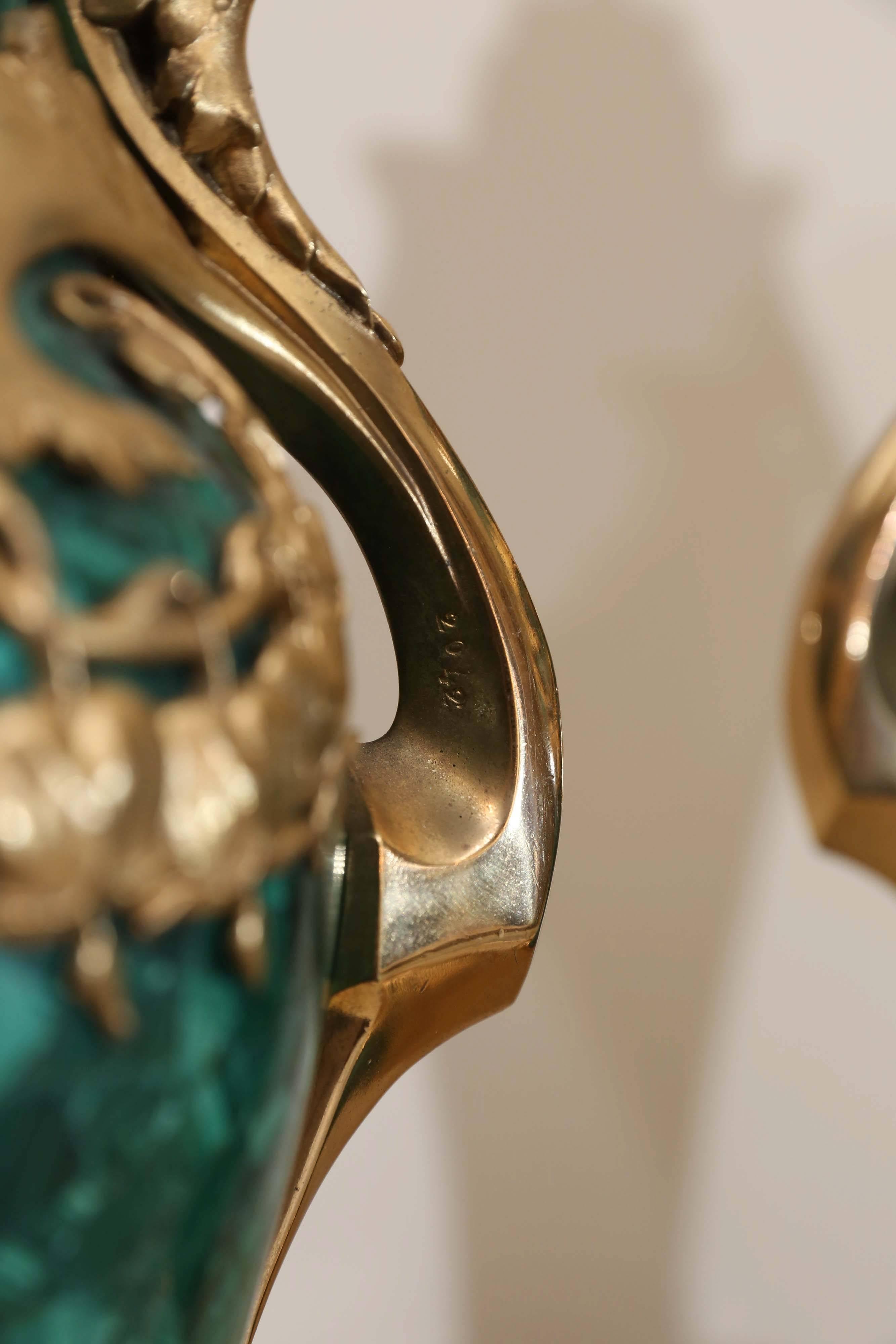 Pair of Russian Malachite Capped Urns in the Nouveau Style with Ormolu Mounts 2