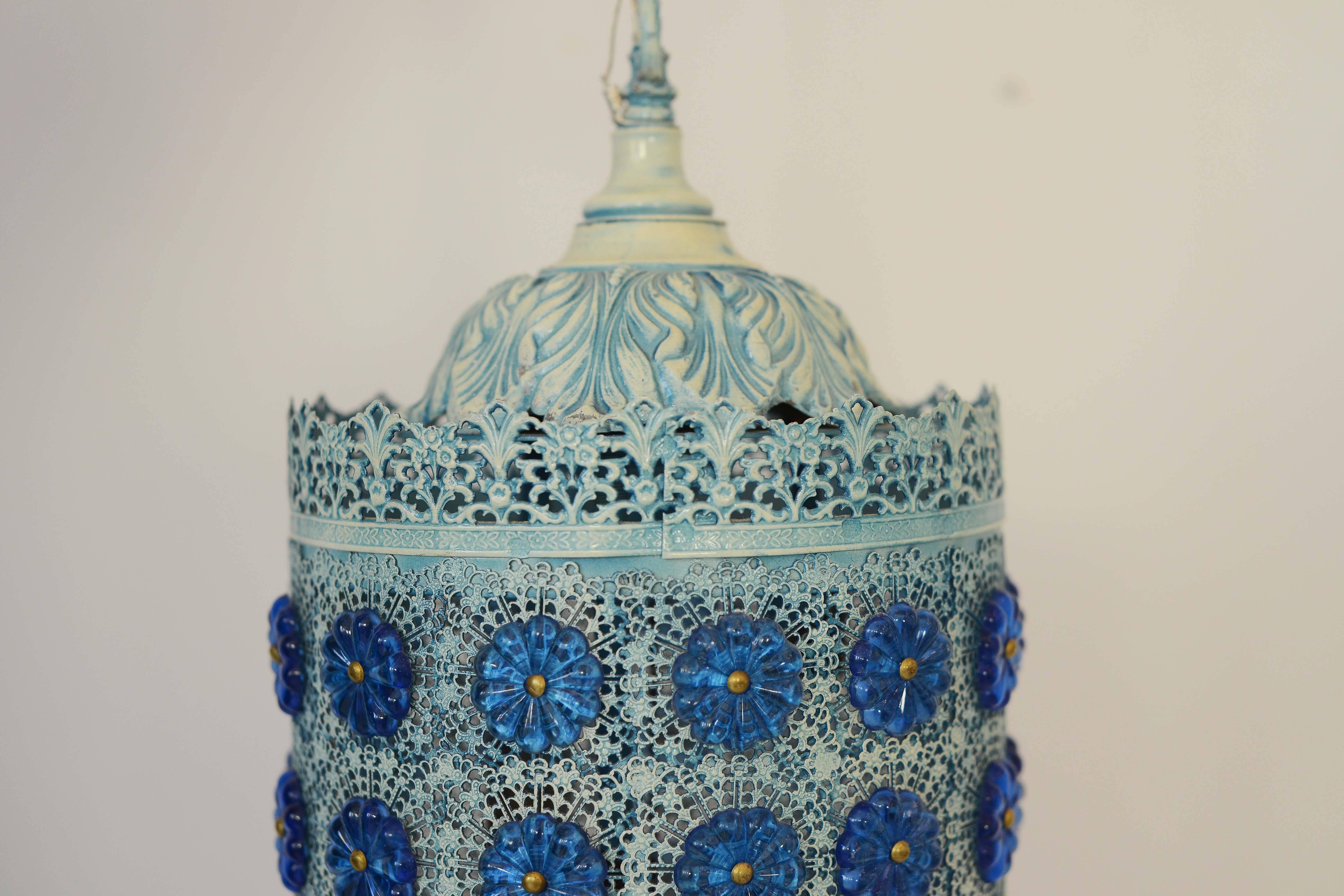 Mid-Century blue jeweled pendant light In Excellent Condition In Phoenix, AZ