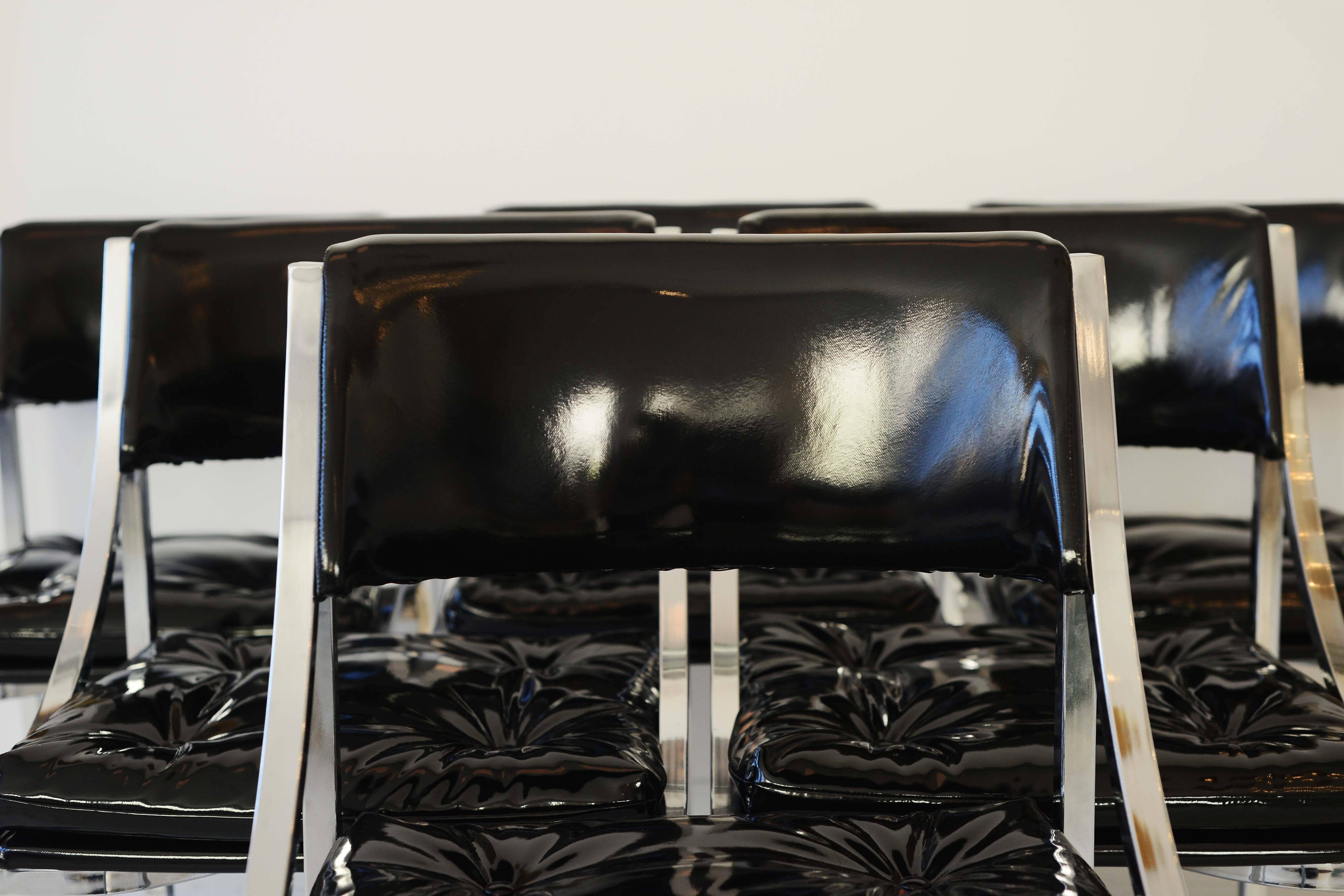 American Set of Six Mid-Century Polished Chrome Chairs. Covered in black patent leather For Sale