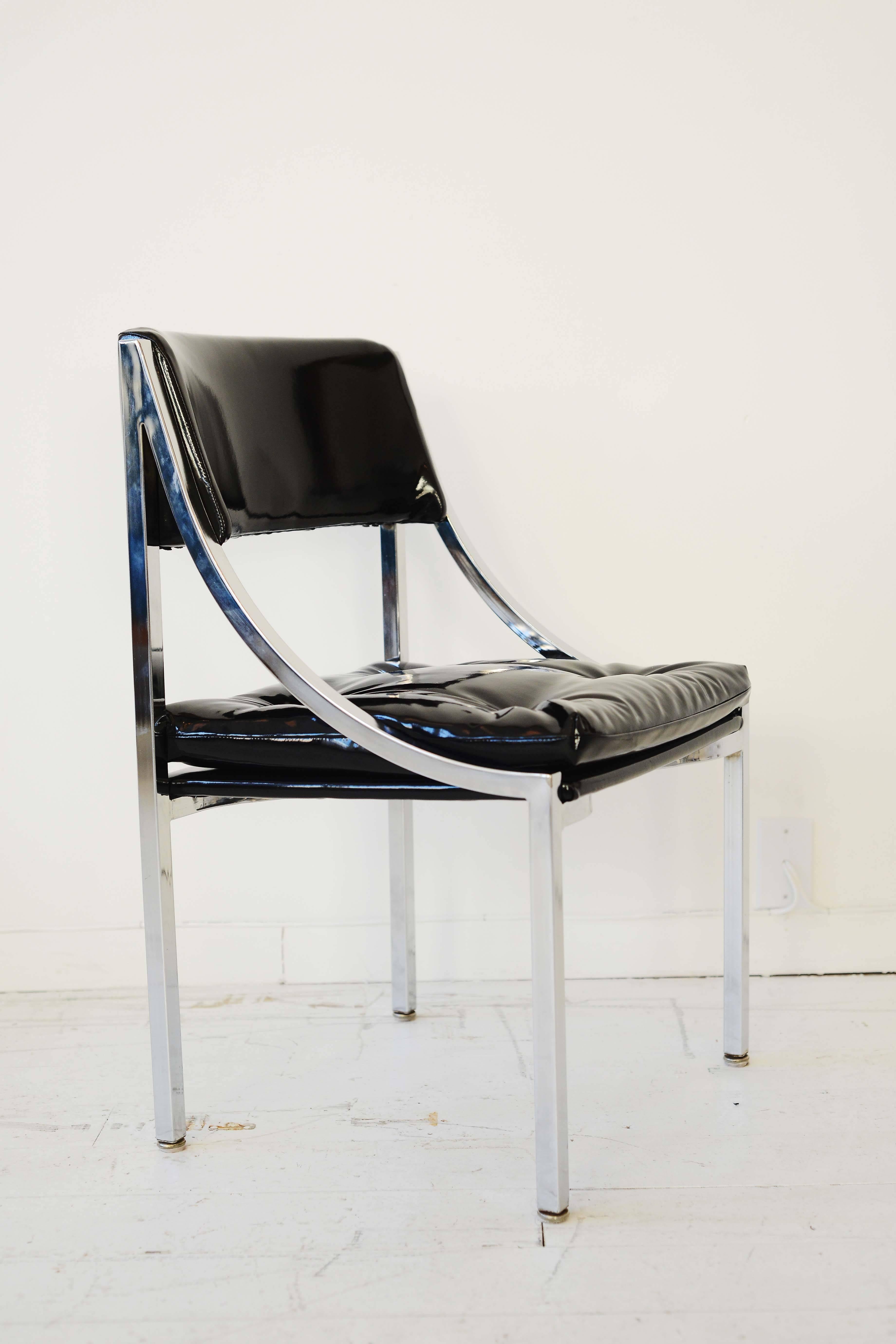 Patent Leather Set of Six Mid-Century Polished Chrome Chairs. Covered in black patent leather For Sale