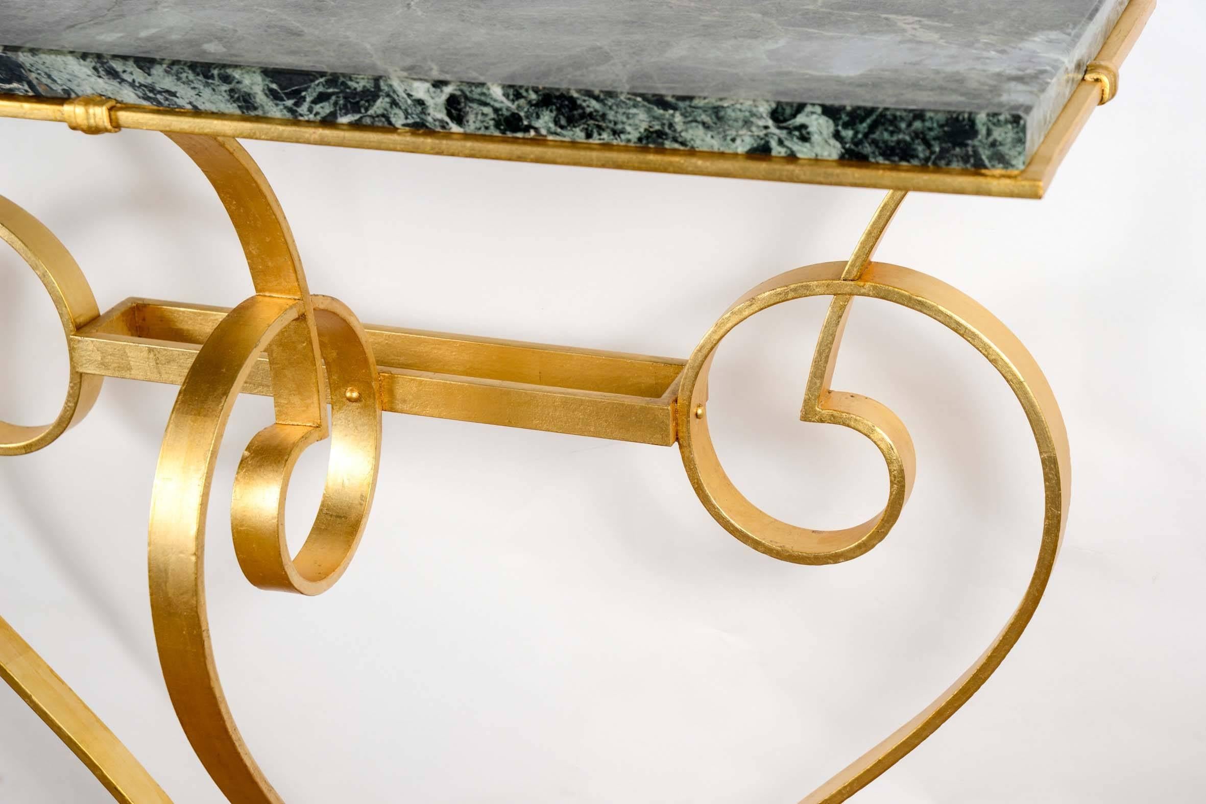 French Console Table in Golded Wrought Iron with Top in Green Marble