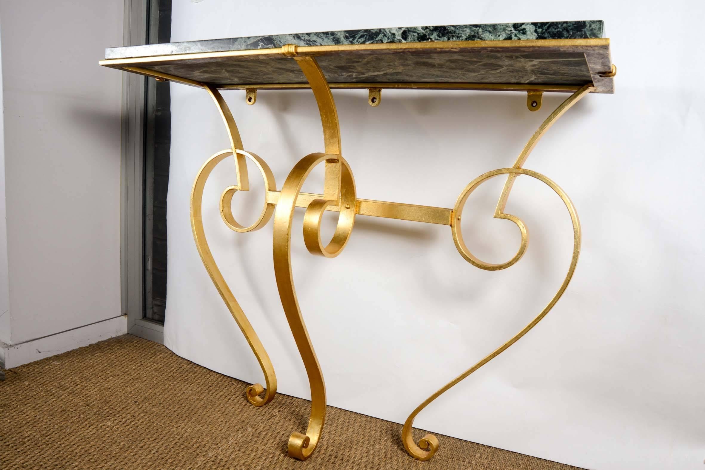 Console Table in Golded Wrought Iron with Top in Green Marble In Excellent Condition In Saint ouen, FR