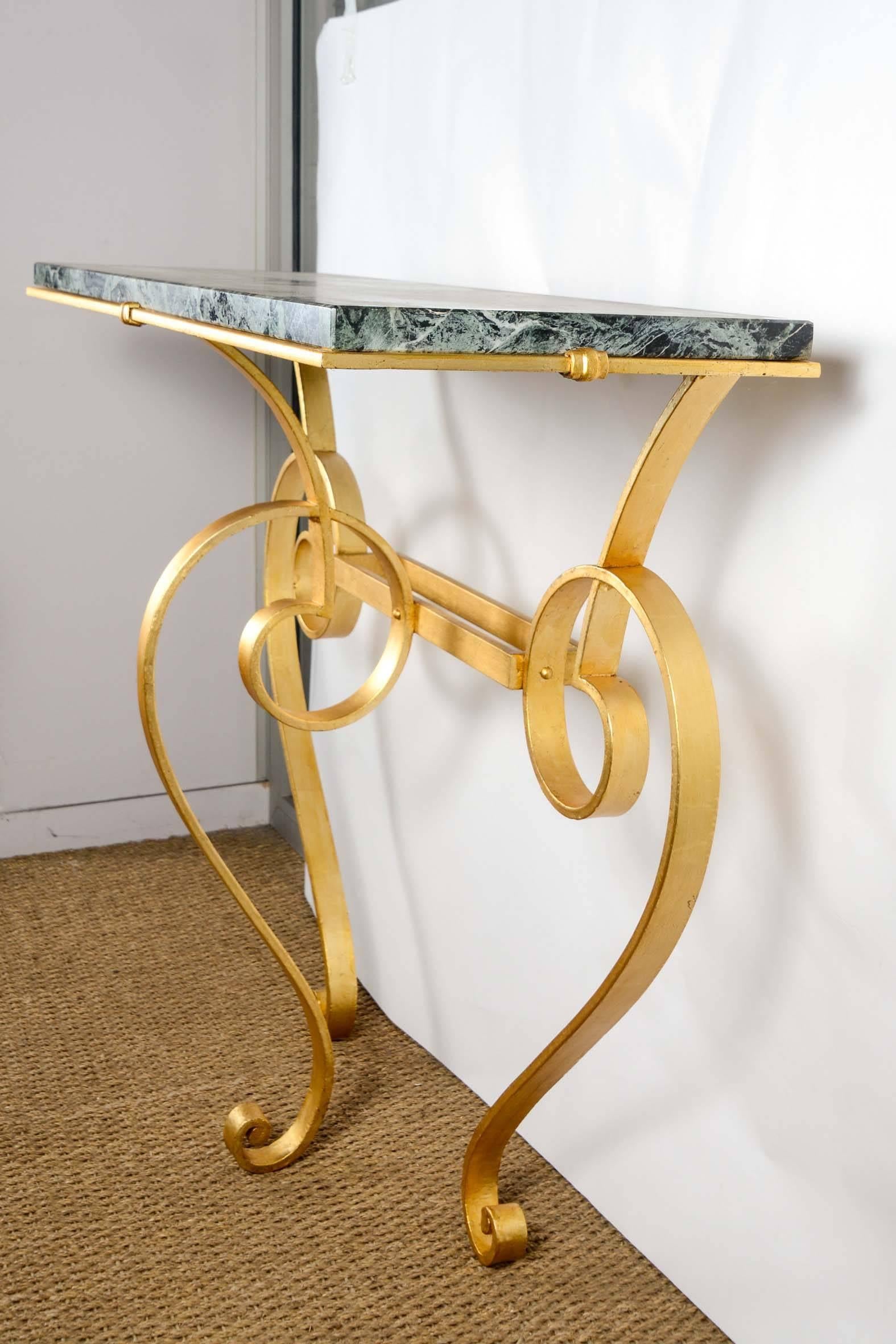 Mid-20th Century Console Table in Golded Wrought Iron with Top in Green Marble