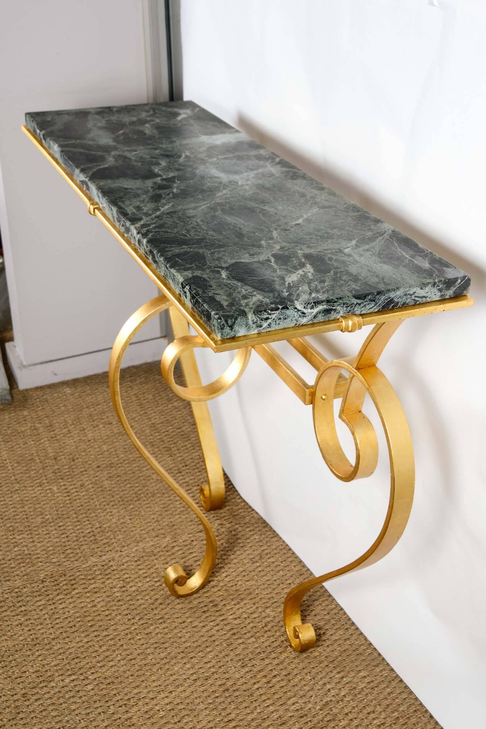 Console Table in Golded Wrought Iron with Top in Green Marble 1