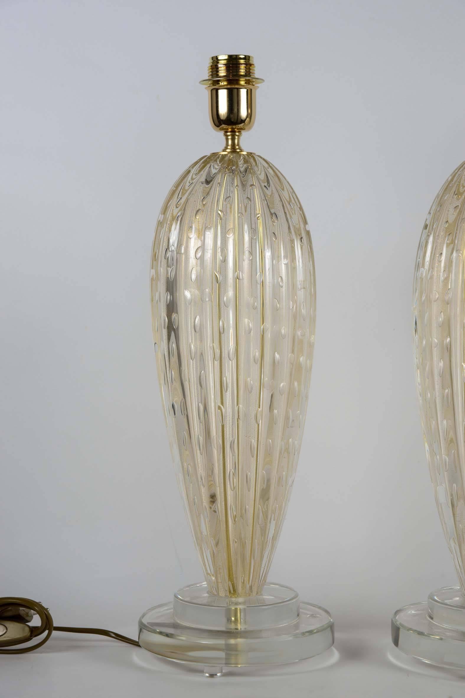 Pair of table lamps in Murano glass signed Toso.