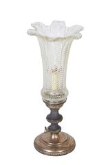 Pair of Hollywood Regency Candlestick Lamps with Floral Glass Hurricane Shades