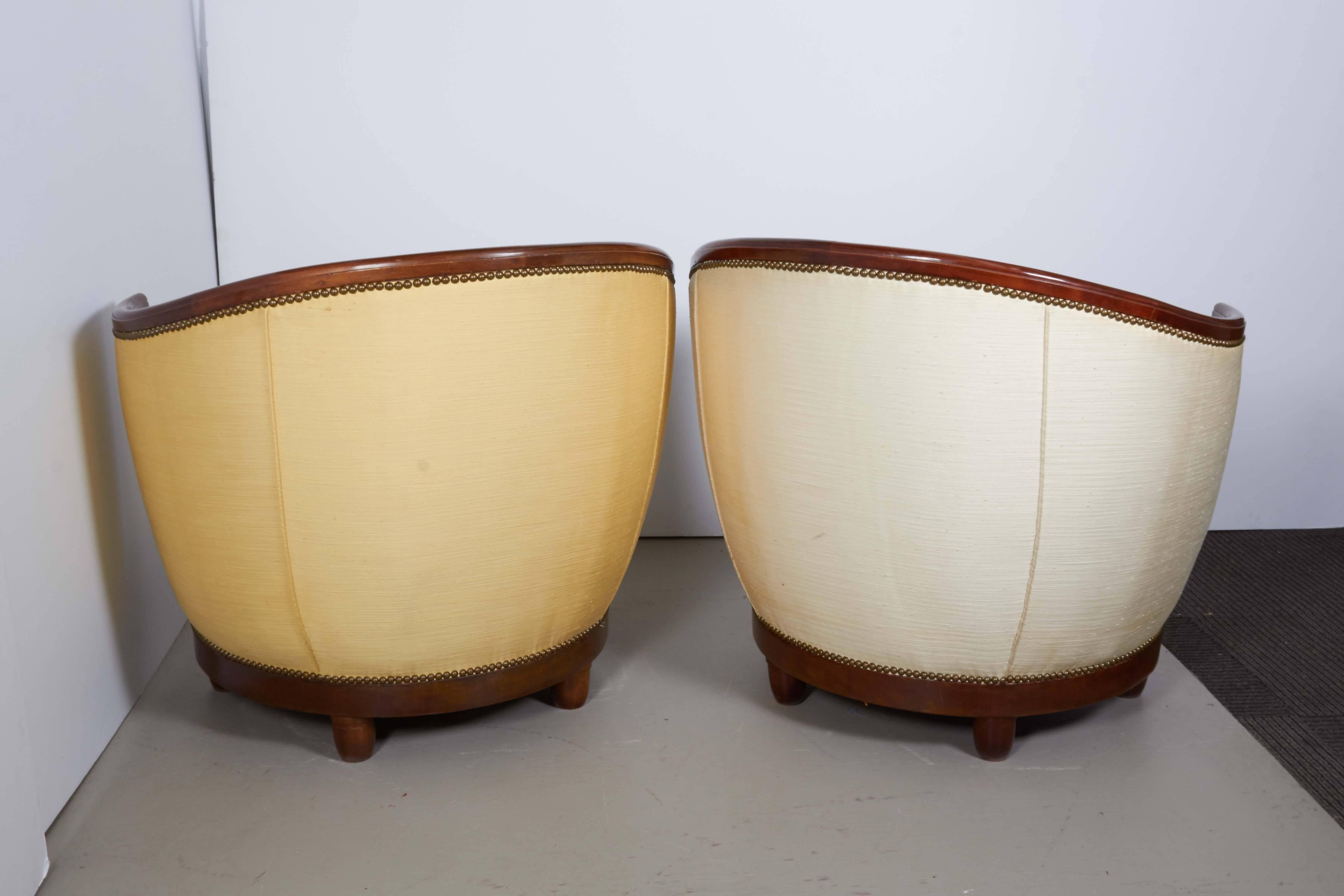 Brass Pair of French Art Deco Mahogany Tub Chairs
