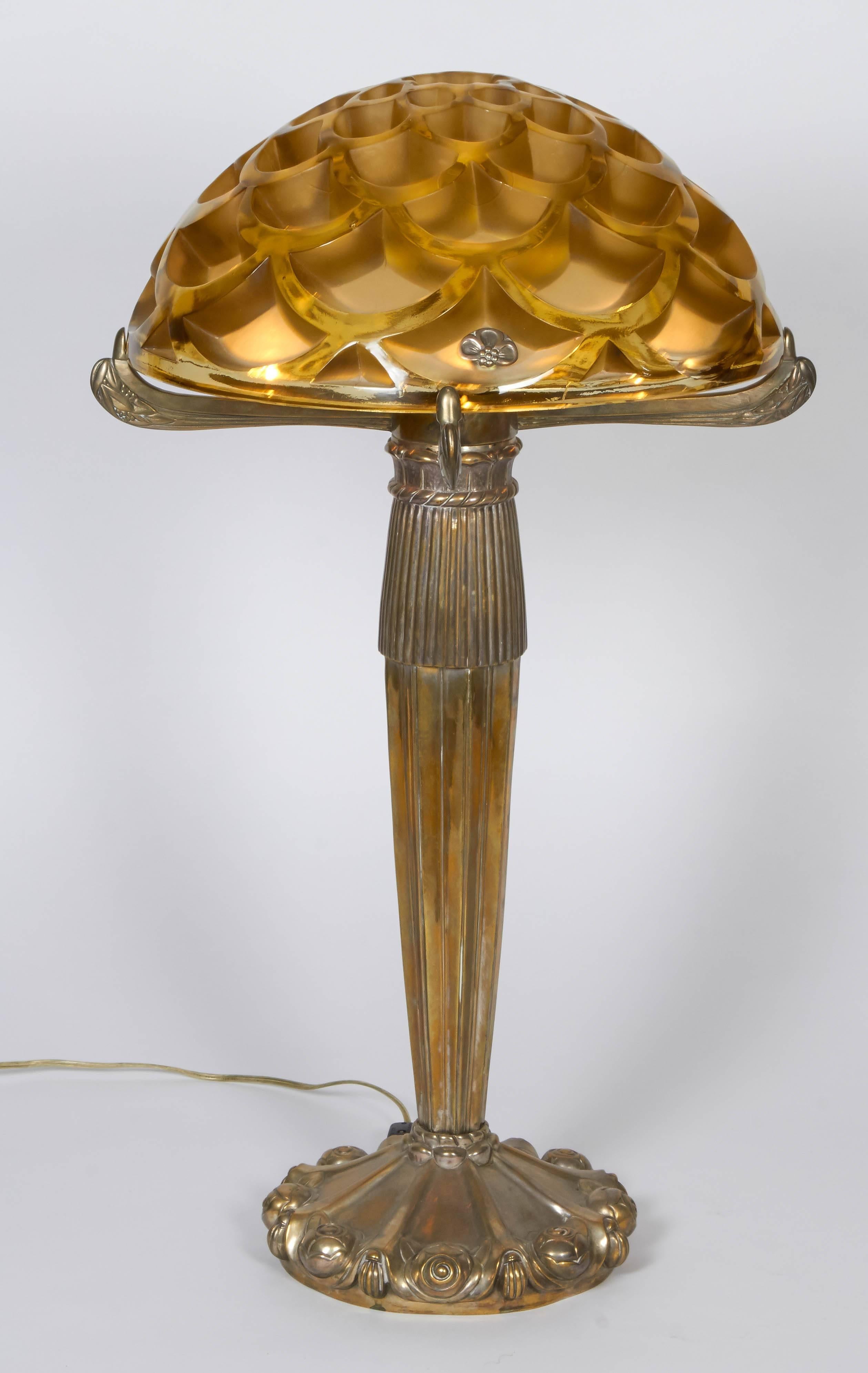 Silvered Table Lamp with a Rene Lalique 