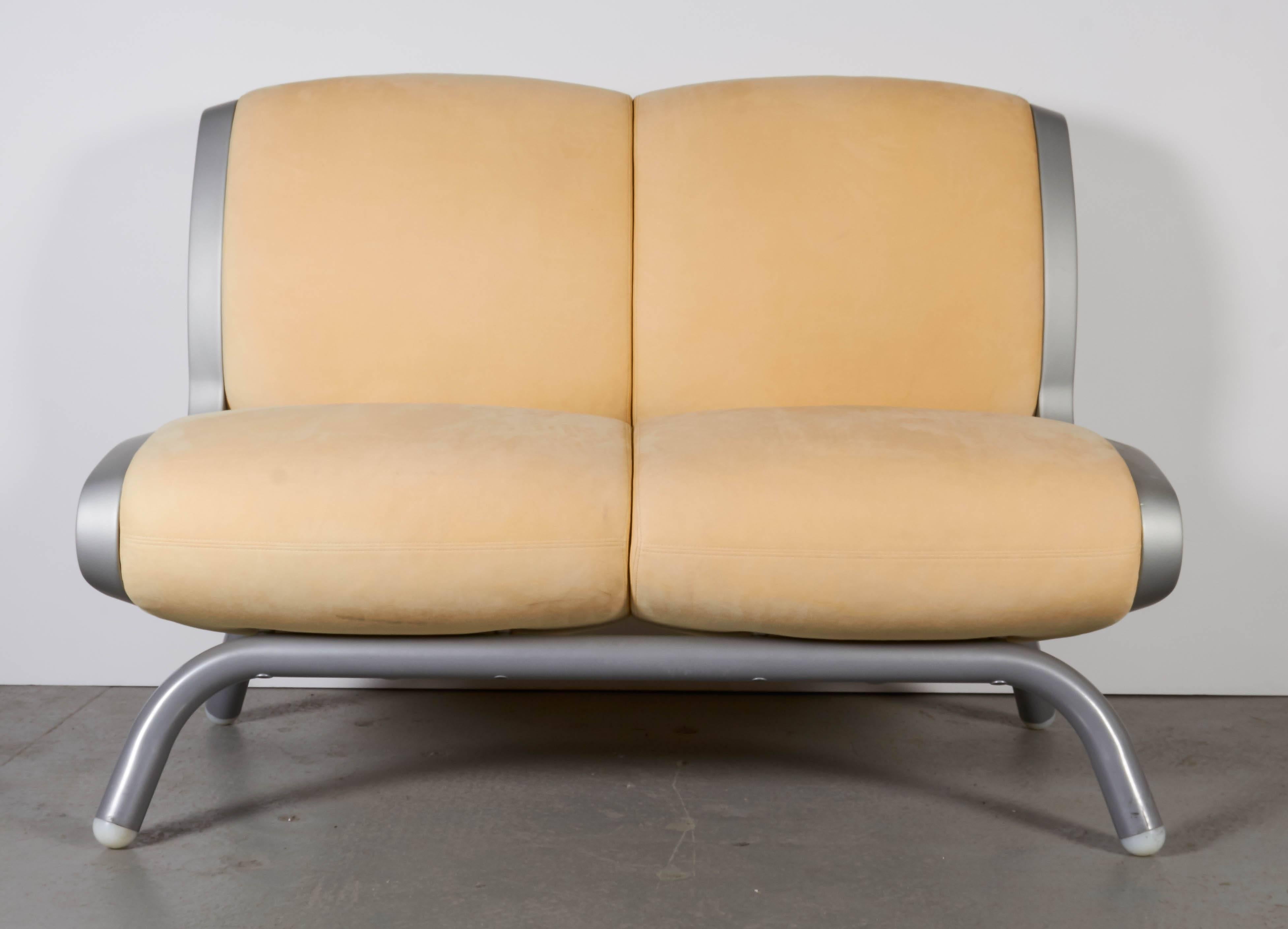 Marc Newson sofa "GLUON", grey tinted polyurethane; beige suede trim. Edition Moroso, circa 2000. 
Measures: Height: 36.25",
width: 49.25",
depth: 26.5".