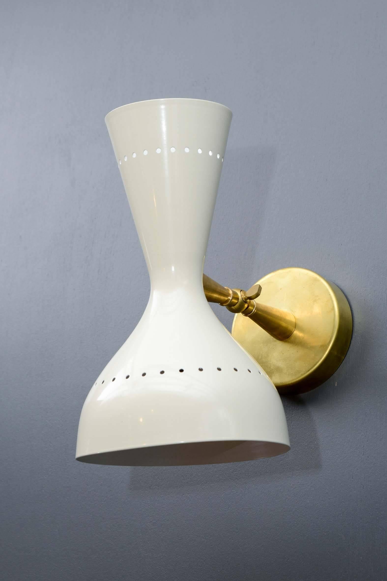 Mid-Century Modern Pair of Brass and White Metal Cones Wall Sconces