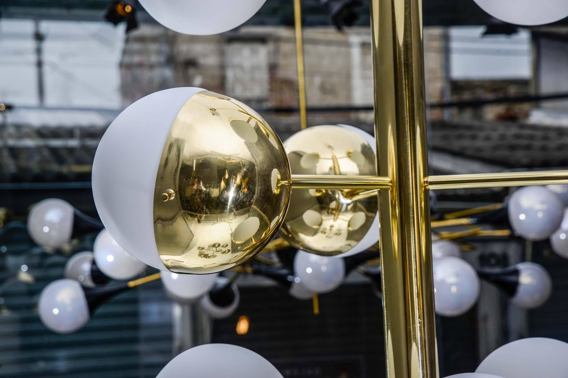 Mid-Century Modern Brass Suspensions with Half Glass Globes For Sale