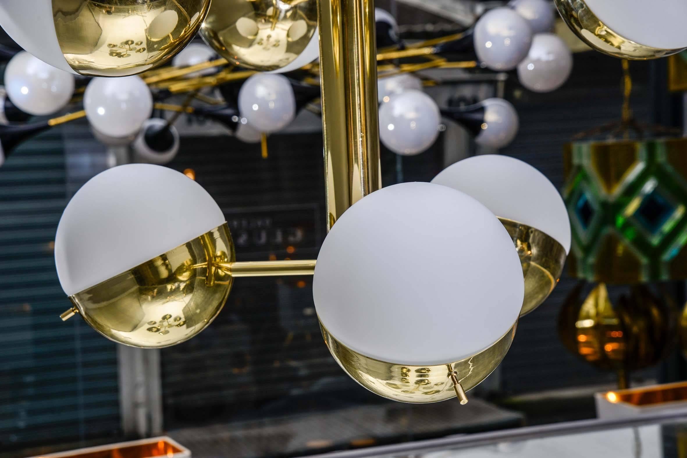Italian Brass Suspensions with Half Glass Globes For Sale