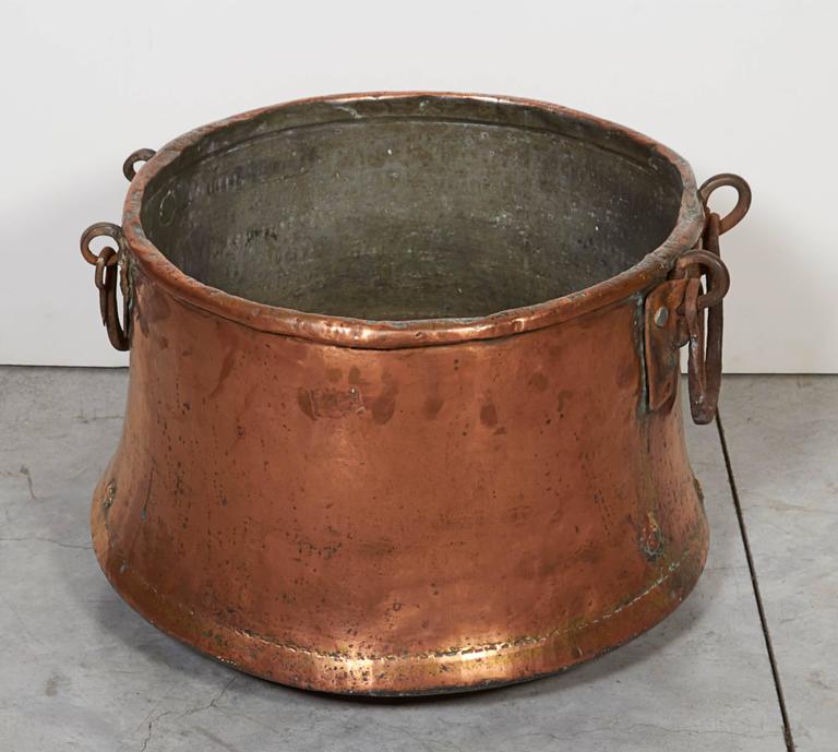 Large Antique Copper Kettle with Flared Base and Heavy Iron Handles For
