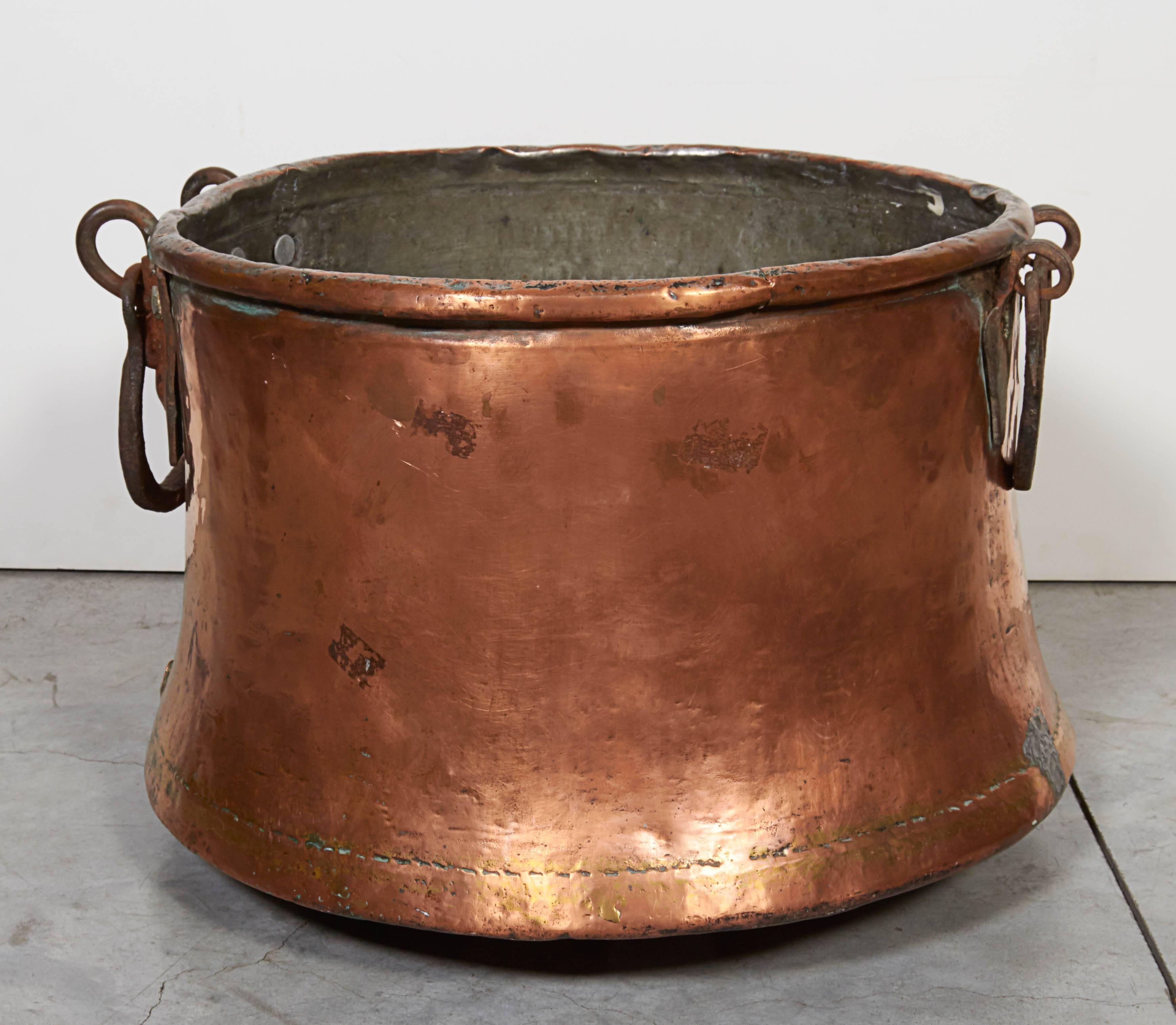 French Large Antique Copper Kettle with Flared Base and Heavy Iron Handles