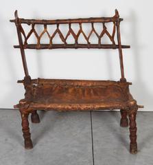 Rustic Antique Wood and Leather Bench with Great Patina and Character