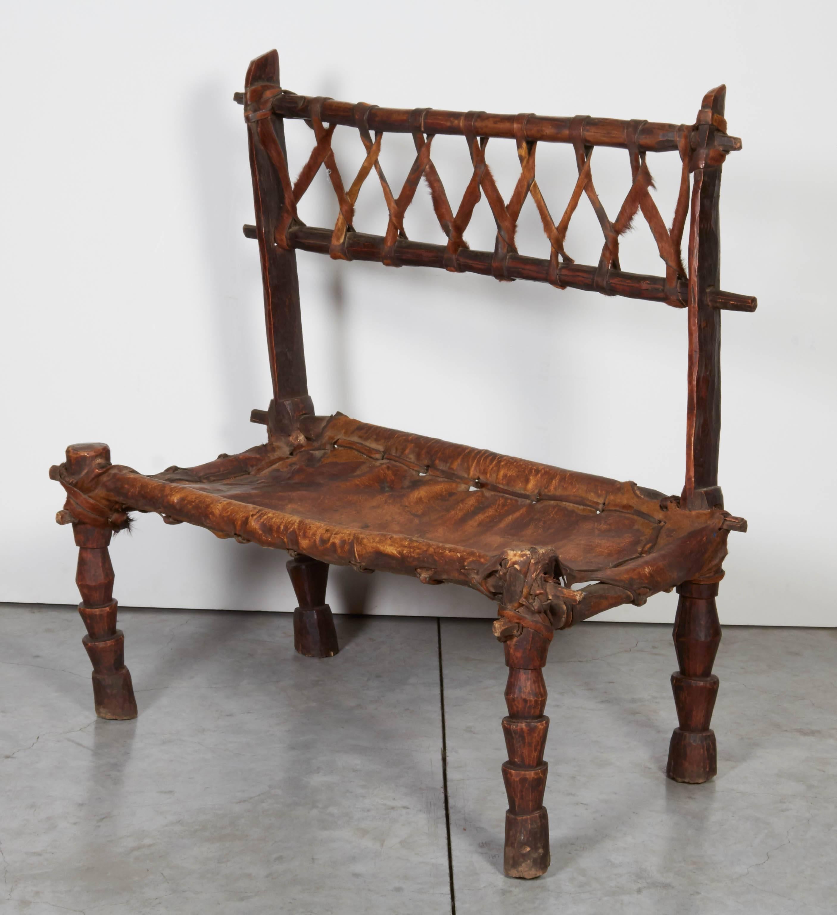 Rustic Antique Wood and Leather Bench with Great Patina and Character In Good Condition For Sale In New York, NY