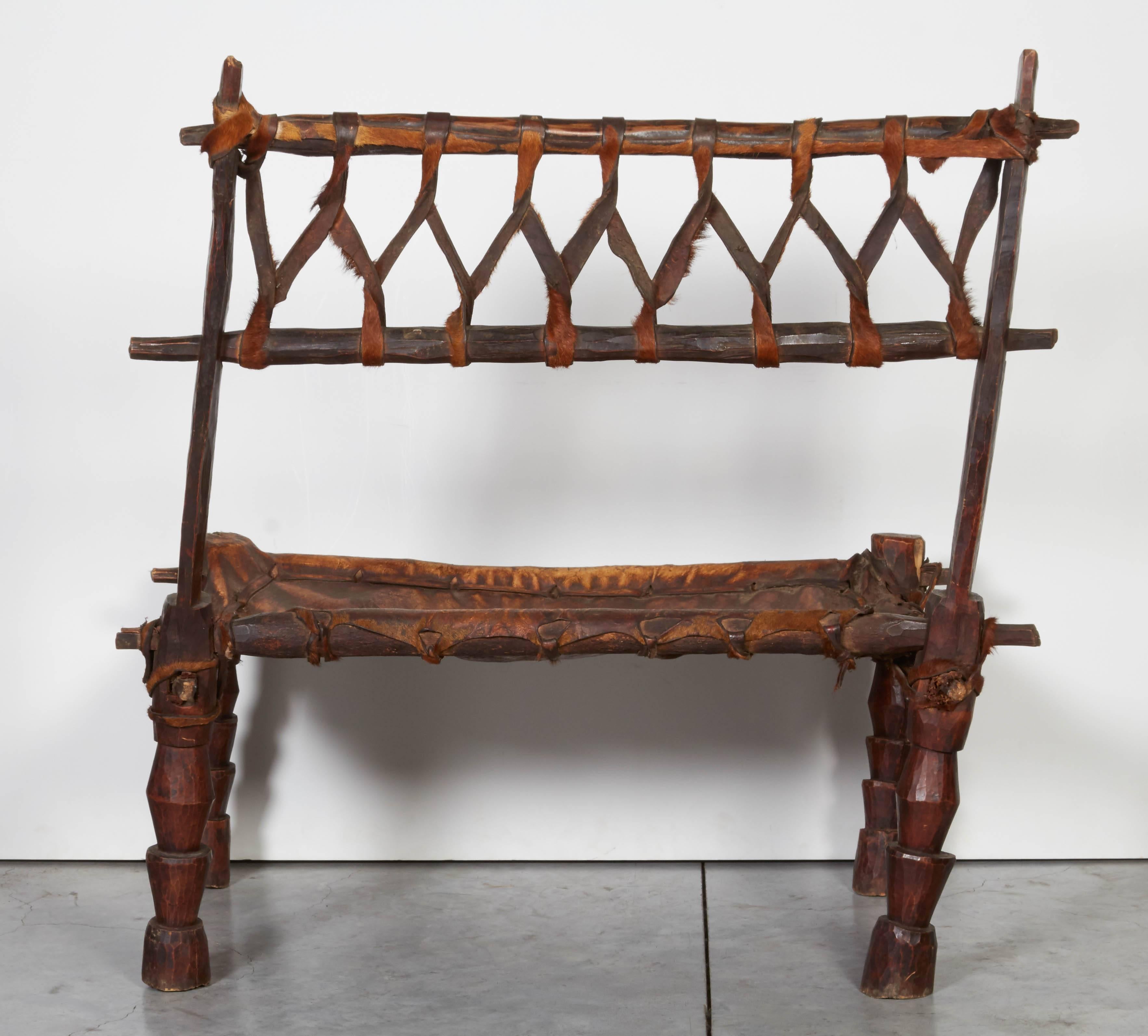 20th Century Rustic Antique Wood and Leather Bench with Great Patina and Character For Sale