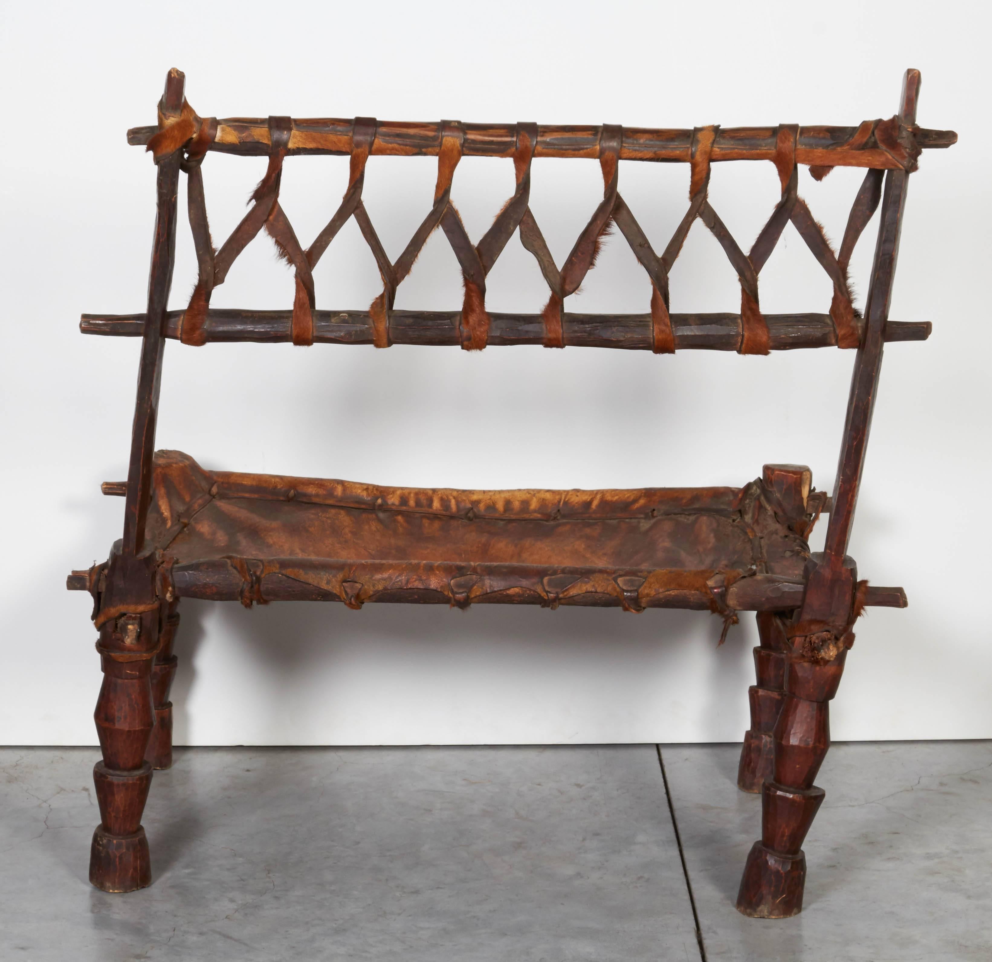 Rustic Antique Wood and Leather Bench with Great Patina and Character For Sale 3