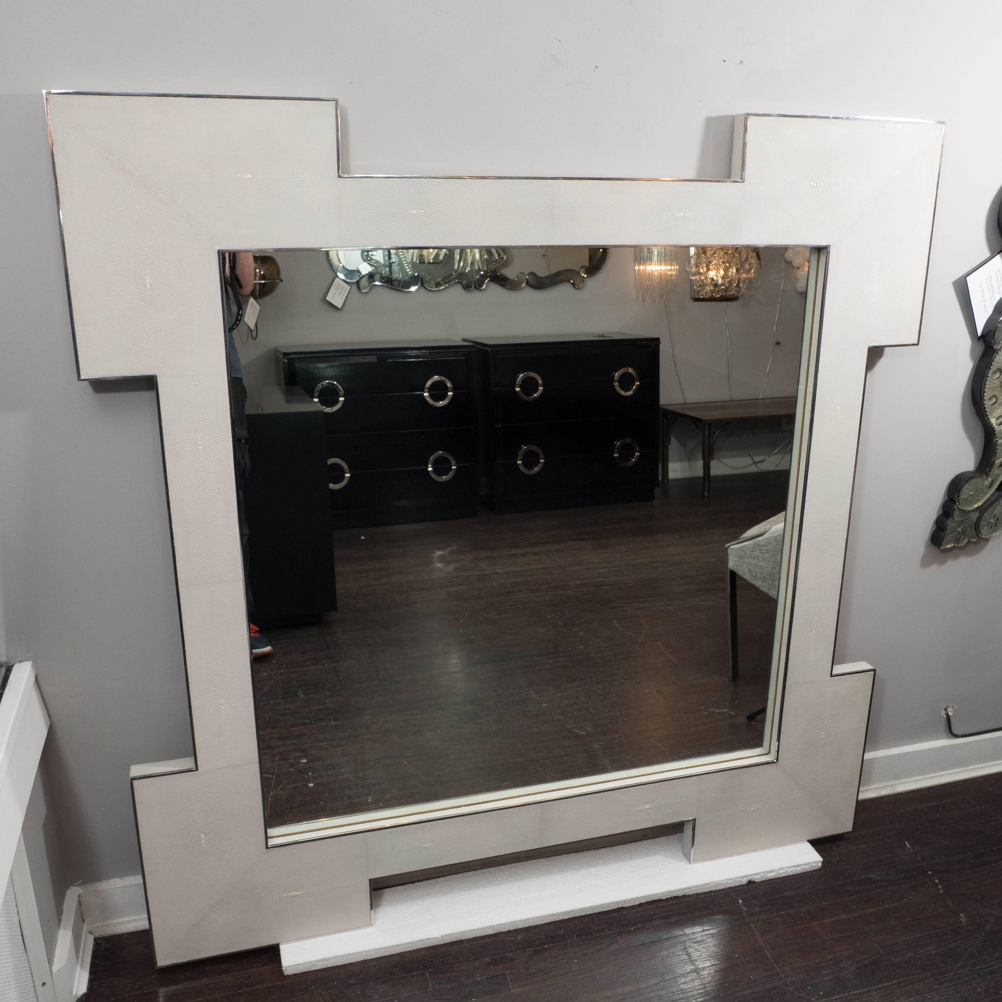 Modern Custom Square Shagreen Mirror with Square Edges For Sale