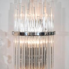 Coppia di grandi lampade a stelo in vetro personalizzate con struttura in nichel lucido