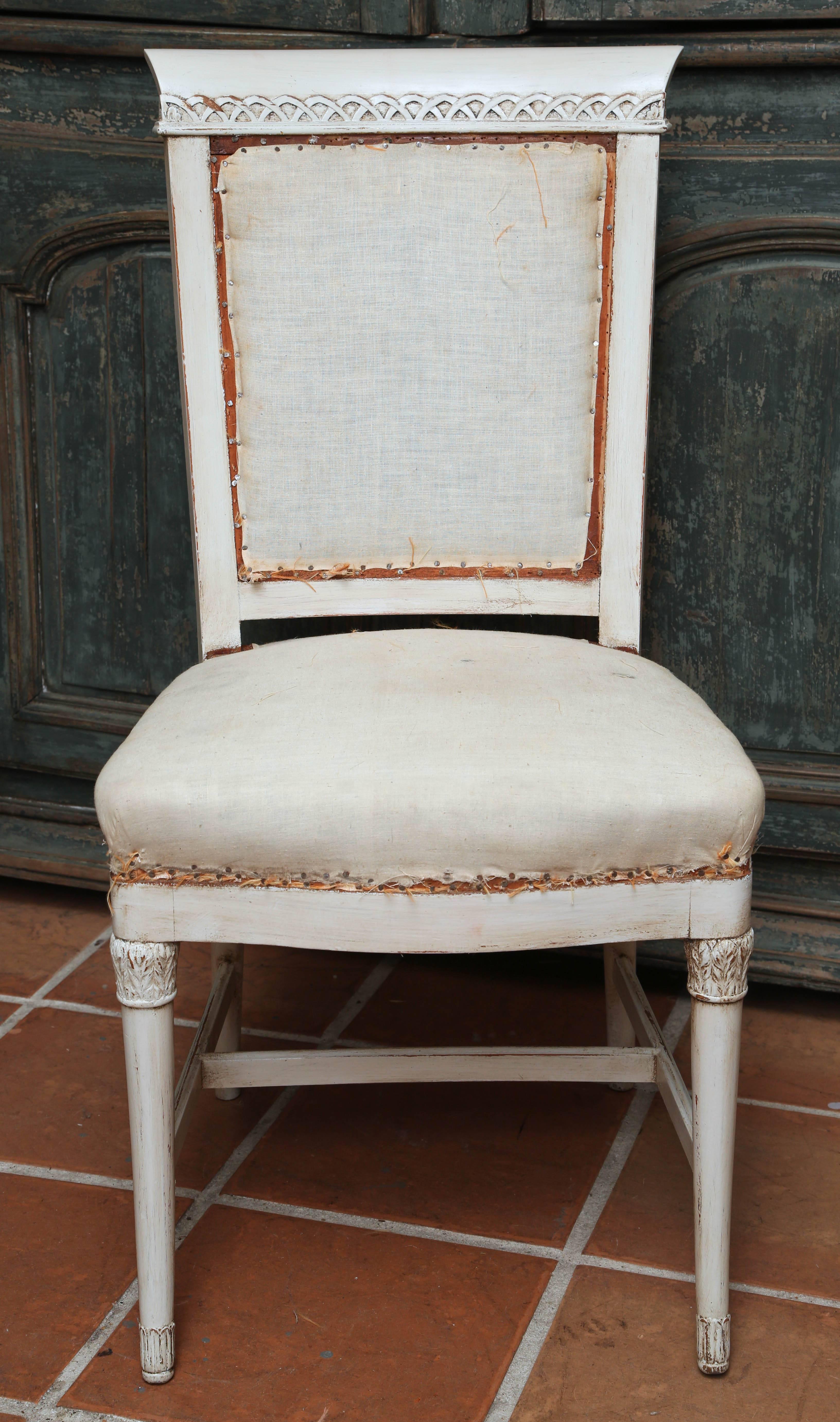 These are a very nice set of four French dining chairs hand-painted, circa 1900.
They are all very solid with undercarriage to the base.
To the top there are small carvings also to the top and bottom of the legs.
They all need recovering and